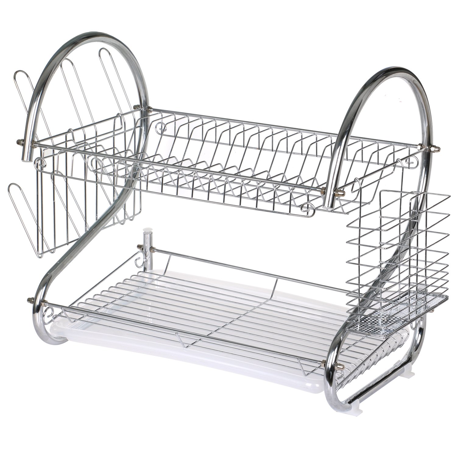 TRIXES 2 Tier Draining Rack - Chrome Plated Steel - With Drip Tray, Drainer with Draining Board and Utensils Holder, Dish Drying Rack for Kitchen Countertop
