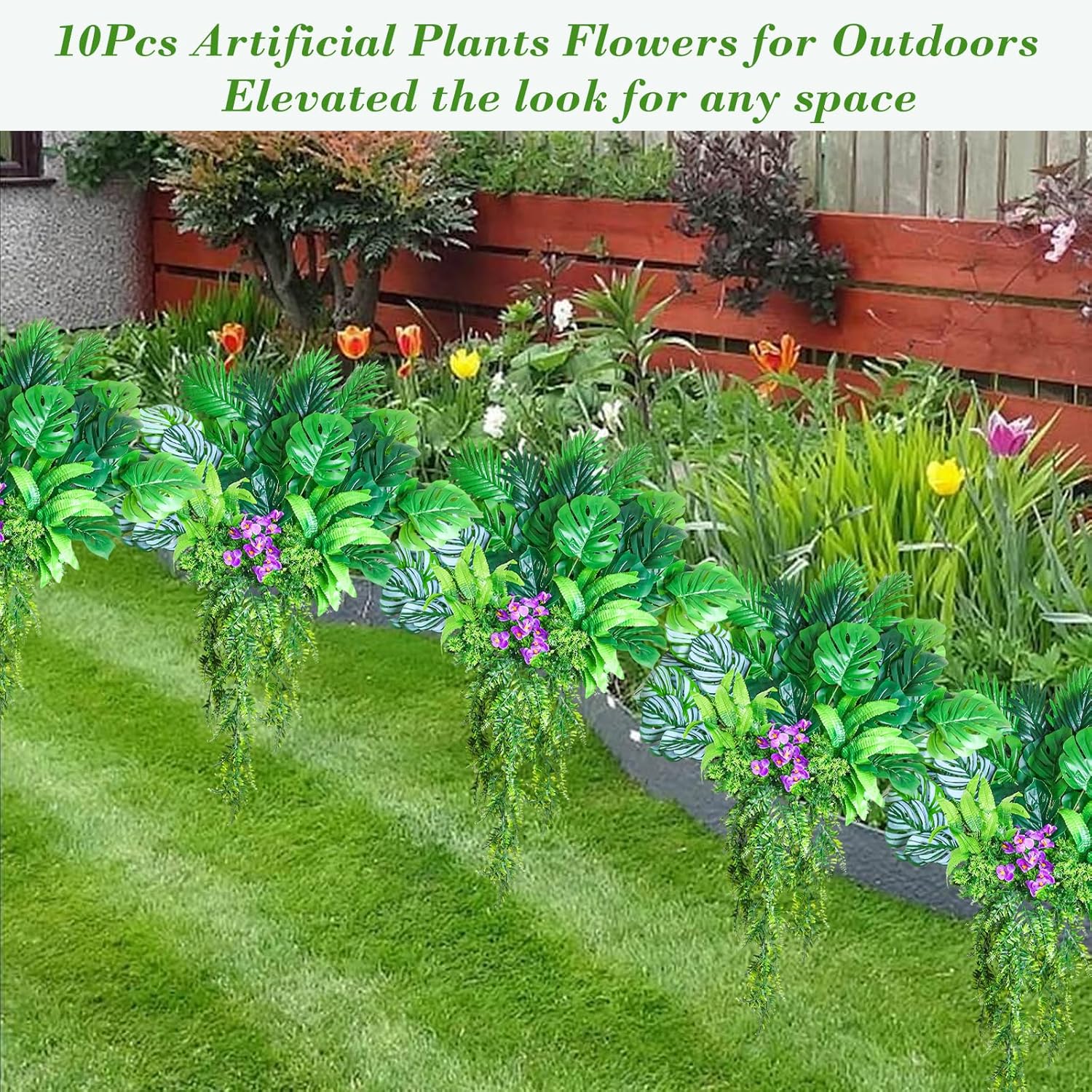 Tall Artificial Greenery Outdoor Faux Plants Hanging Ferns,10Bundles Faux Shrubs Fake Monstera Palm Boston Fern Plants for Outdoor Planters, Realistic UV Resistant Tropical Leaves for Window Box