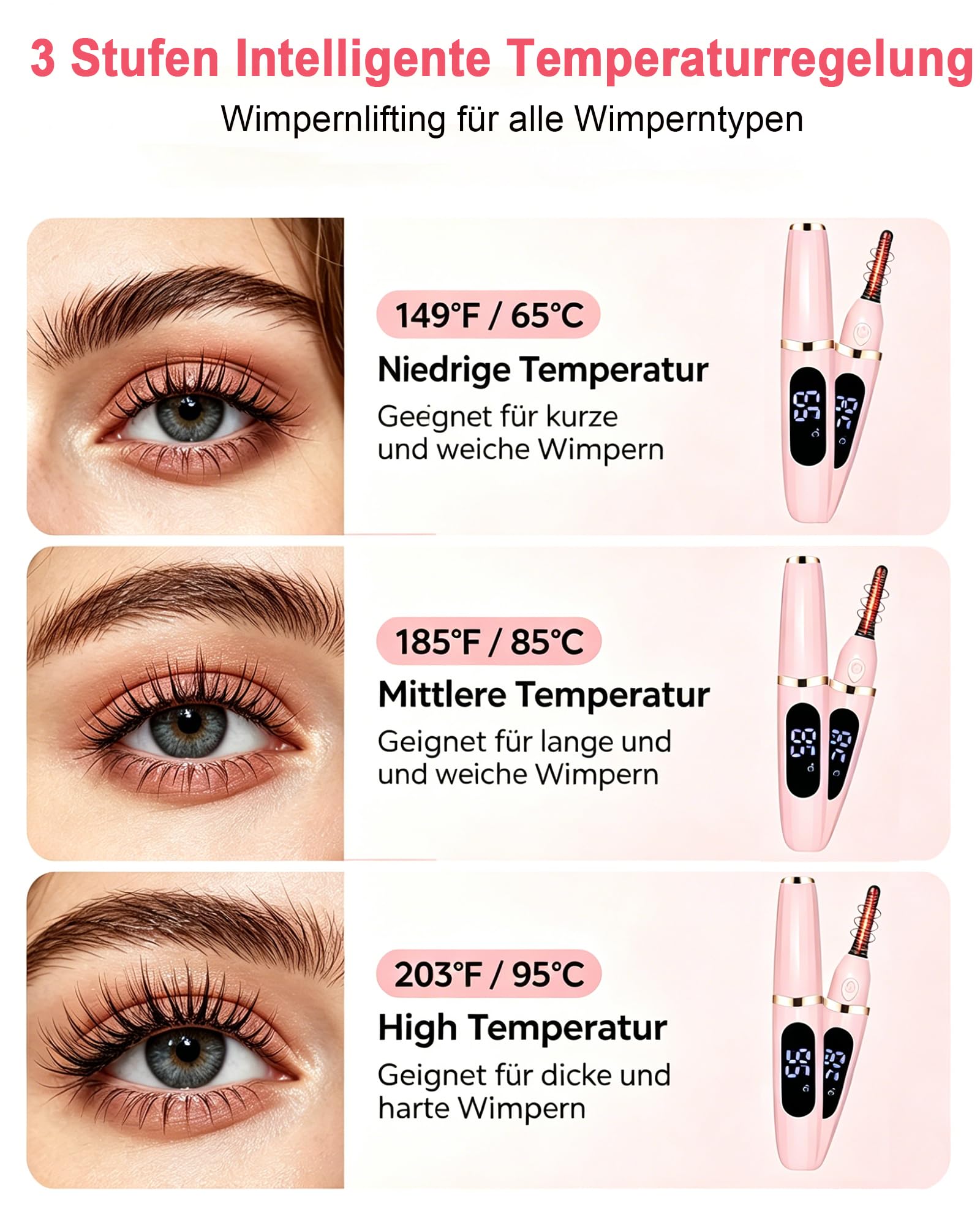 Wimpernzange Beheizbar, Beheizbare Wimpernzange USB Wiederaufladbar, Wimpern Curler Elektrisch 3 Einstellbare Temperaturstufen Schnellaufheizung in 10 Sekunden für Alle Wimpern Geeignet -Rosa