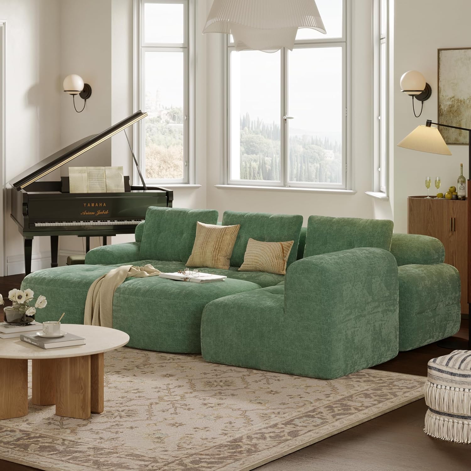 145'' U-Shaped Modular Sectional Sofa Couch, Full-Foam Structure, Compression Packaging Design, Woven Texture Upholstery, Oversized Modern Sofa for Living Room – Sage Green