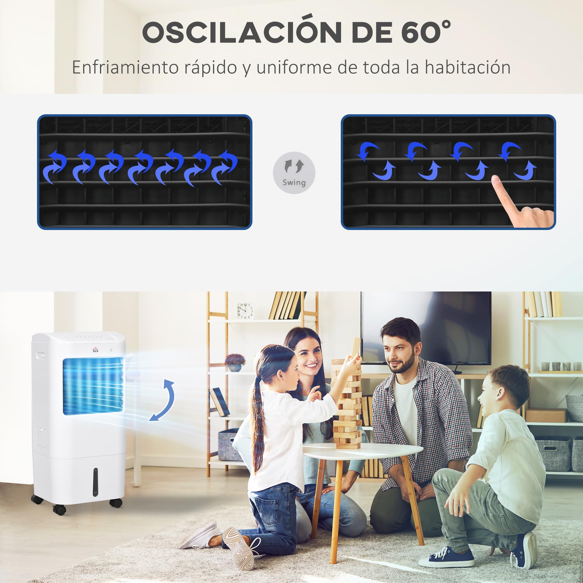 HOMCOM Climatizador Evaporativo 3 en 1 15L con Humidificador y Ventilador Portátil, 3 Velocidades, Temporizador 7,5H, Control Remoto, Oscilación 60°, 37x32x78 cm Blanco