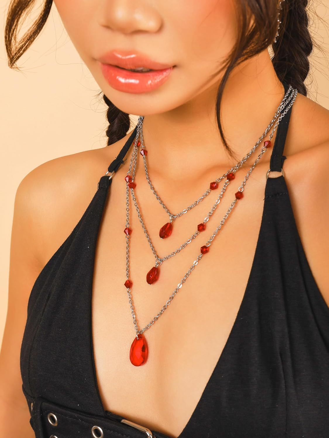 Sacina Layered Black Red Teardrop Choker Necklace, Gothic Emo Punk Grunge Necklace, Goth Jewelry, Christmas Jewelry Gift for Women - Image 2