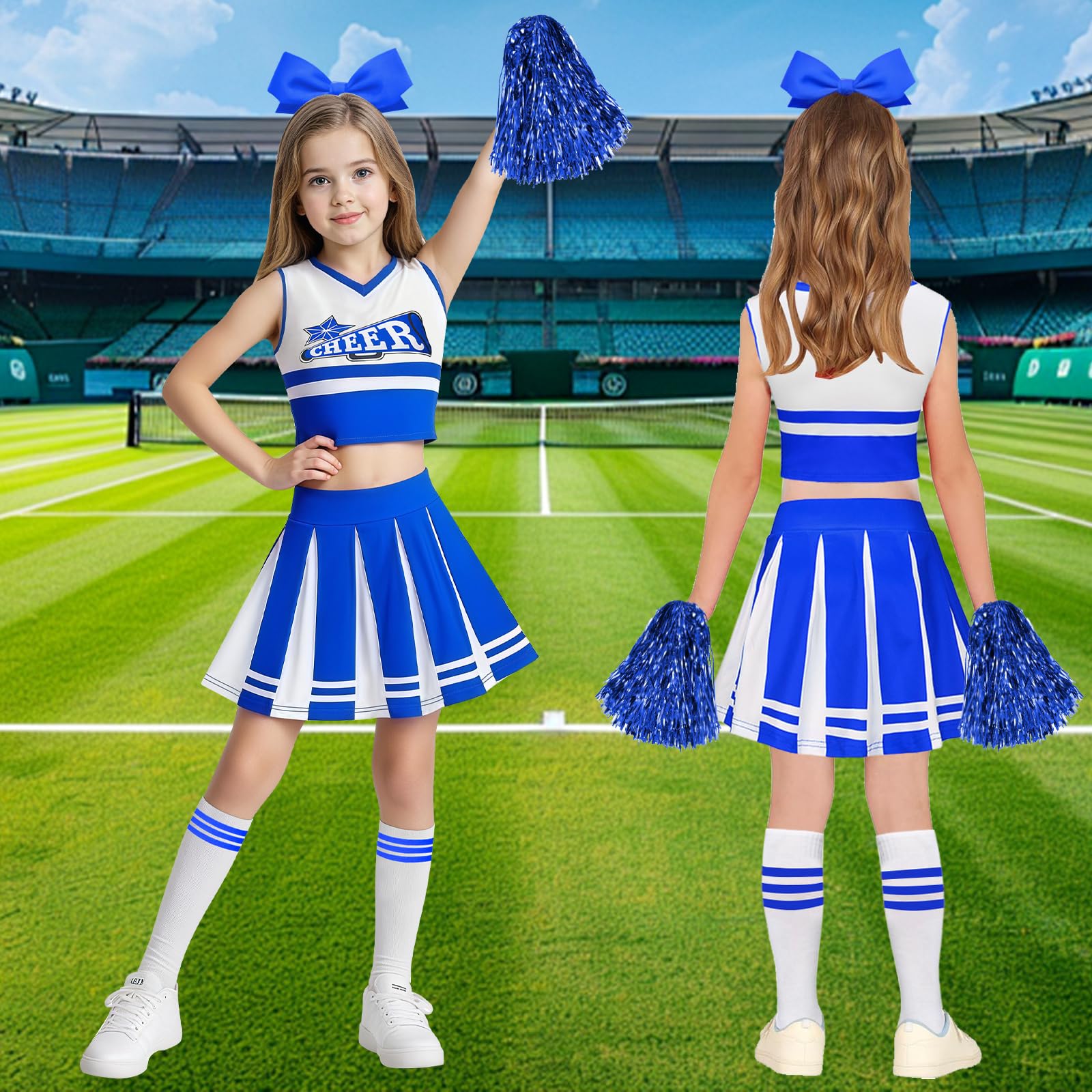 Luckyou Vestito Cheerleader Bambina Costume da Cheerleader Ragazze con Pompoms Calze Vestito Carnevale Bambina per Halloween Giornata Sportiva - 4