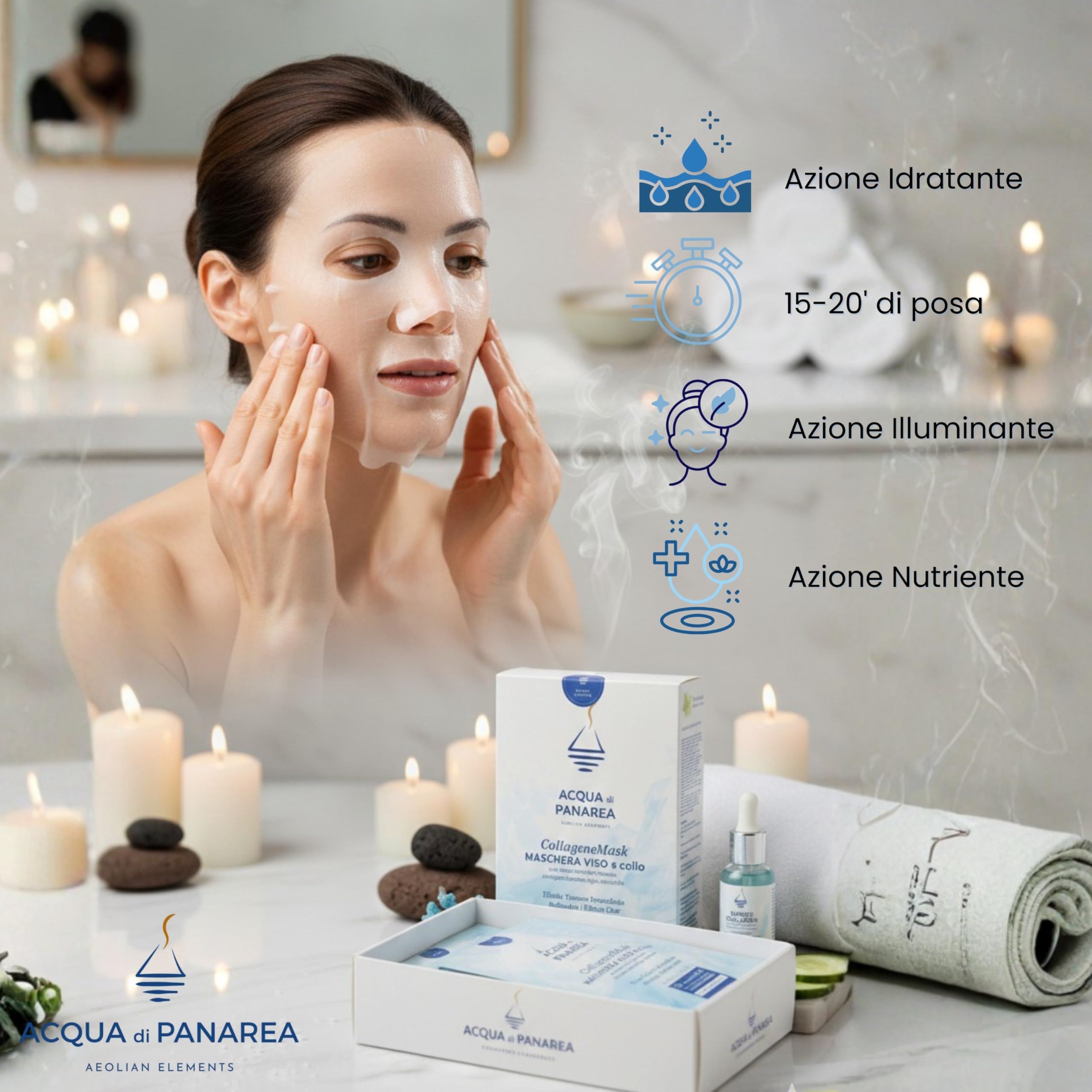 Acqua di Panarea CollageneMask Maschera Viso e Collo con Collagene Marino, Vitamina C, Acido Ialuronico e Acqua Termale Vulcanica, Idratante e Illuminante, Made in Italy