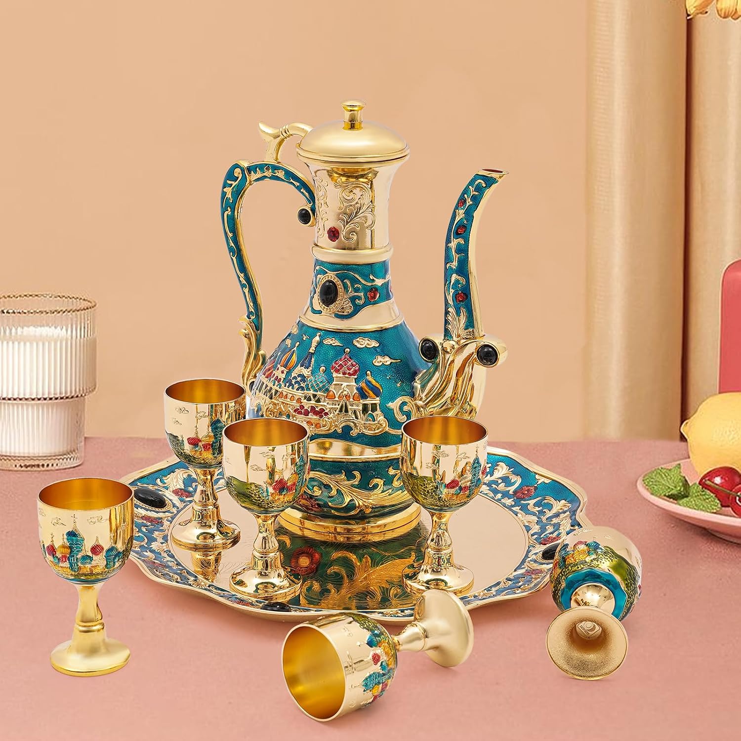 Vintage Turkish Coffee Set, Turkish Tea Set Vintage Coffee Pot with Shiny Crystal Tray and 6 Cups, Wine Pot Kit European Jug for Home Decor Birthday Wedding