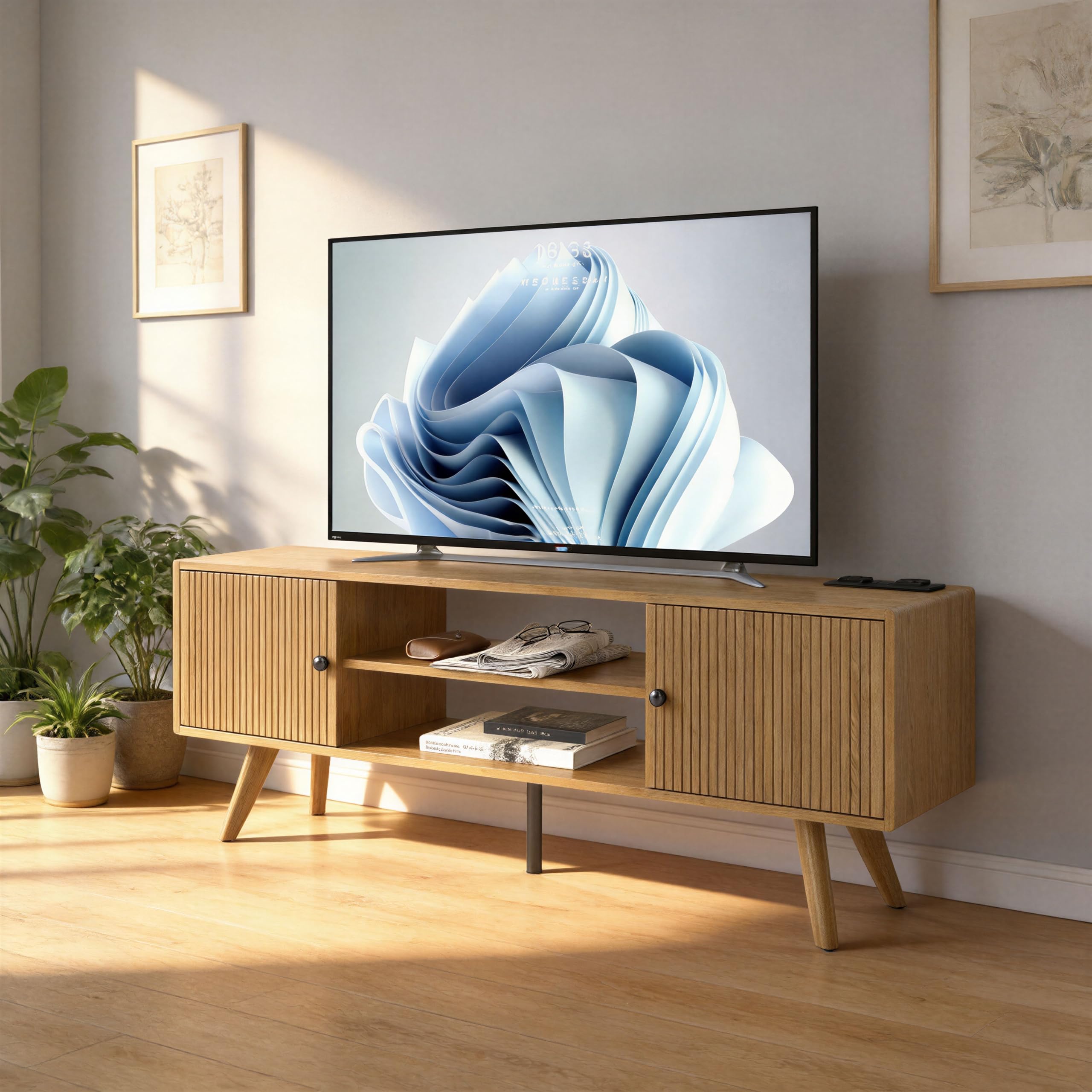 TV Schrank Holz 140cm lang – Lowboard Stehend mit 2 Staufächern & 2 Offenen Regalen, TV Sideboard Wohnzimmer für 60 Zoll Fernseher, Fernsehtisch Holz aus P2-Platte 15cm, Moderner & Landhausstil,Eiche