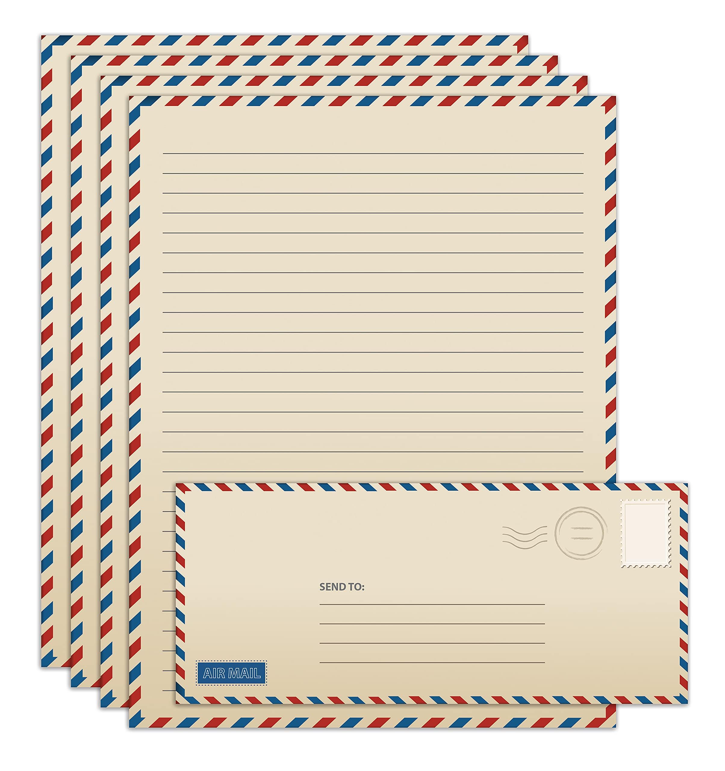 Vintage Airmail Stationery Paper Set, 100-Piece Set (50 Lined Sheets + 50 Matching Envelopes), Letter Size 8.5 x 12.5 cm, Double Sided & Lined Paper, by Better Office Products