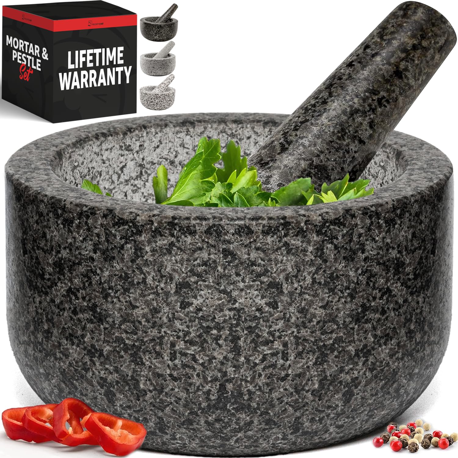 Priority Chef Heavy Duty Large Mortar and Pestle Set, 100% Granite, Non Slip Base, Make Fresh Guacamole, Salsa, Pesto, Stone Grinder Bowl, Herb Crusher, Spice Grinder, 4 Cup - Black