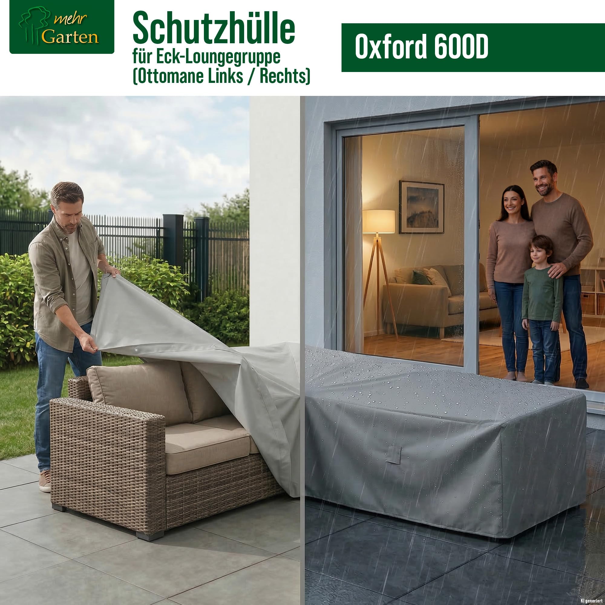 Schutzhülle Lounge L-Form, kurze Seite links, 300x245x80 cm | 600D Oxford - wasserdicht, UV-beständig, reißfest und winterfest - Abdeckung für Gartenmöbel mit Kordelzug für sicheren Halt