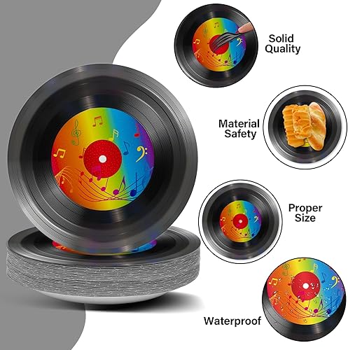 Miniatura 4 de ZOIIWA 48 discos de papel para decoración de fiestas temáticas, discos de vinilo, discos de papel, platos de fiesta de los años 50 para 48