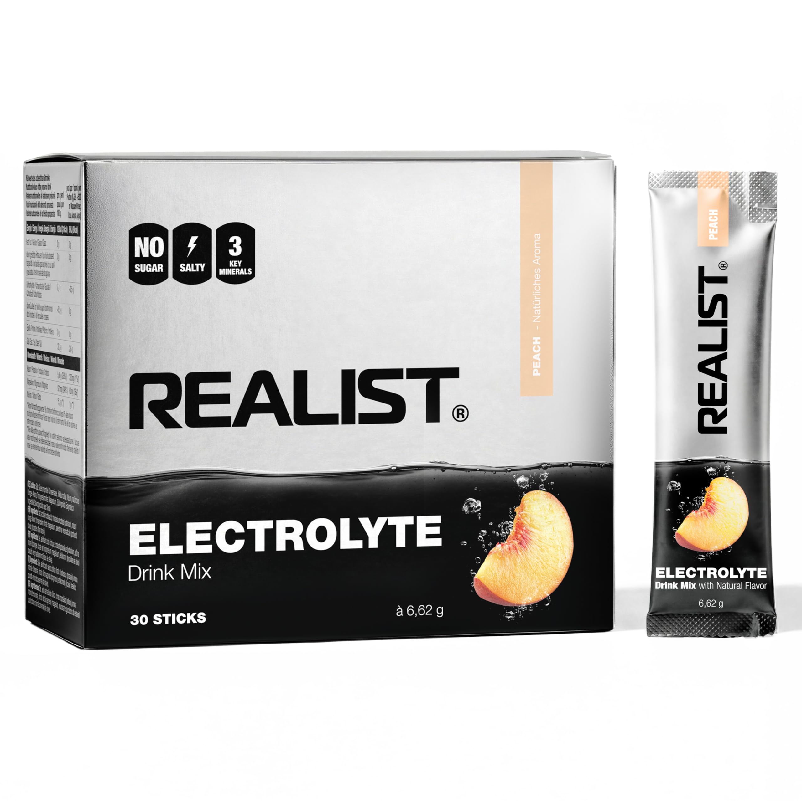 REALIST Electrolitos sin azúcar [30 STICKS] – Electrolitos sin azúcar – Electrolitos en polvo Sport & KETO con 1000 mg de sodio, 330 mg de potasio y 60 mg de magnesio – Fabricado en Austria (melocotón