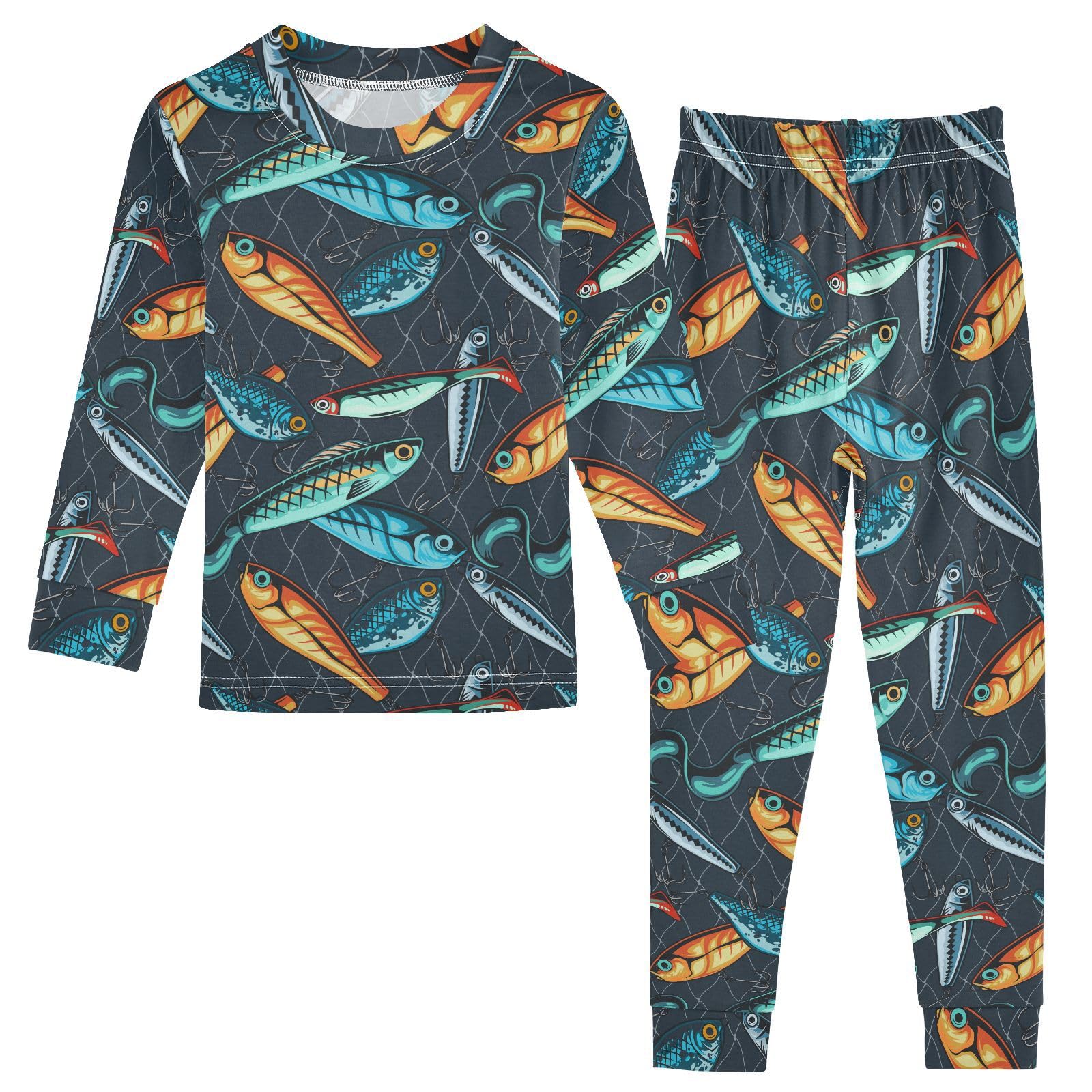JHKKU Colorful Fishing Lures Pajamas Set Cotton 2 Piece Soft Comfy Pjs Long Sleeve Lounge Sleepwear 6Y