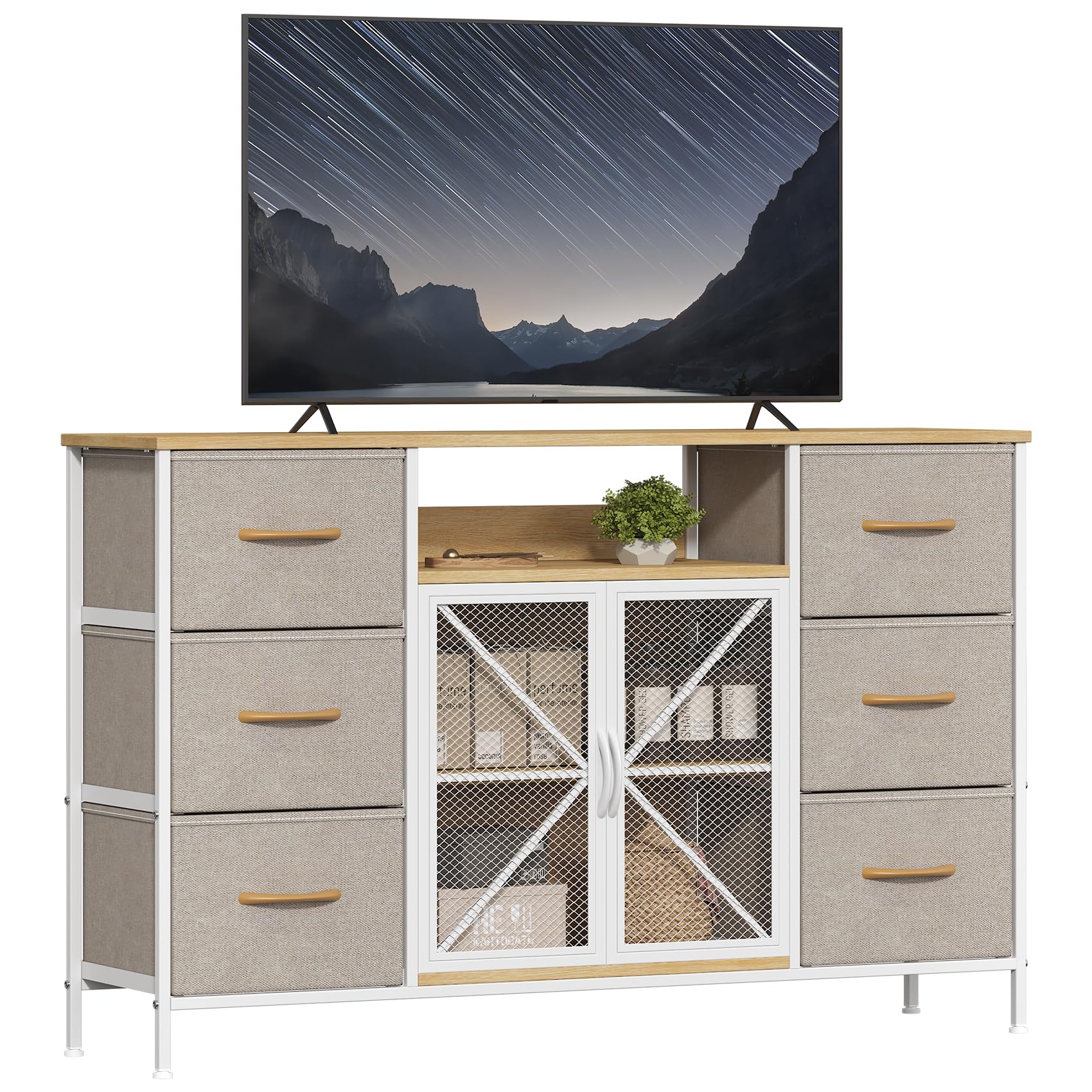 – GoaHi Chest of Drawers, 6 Fabric Drawers Storage Unit with Mash Door and Shelf, Fabric Bins and Metal Frame, Storage Drawers for Bedroom, Closet, Hallway, Living Room, Beige