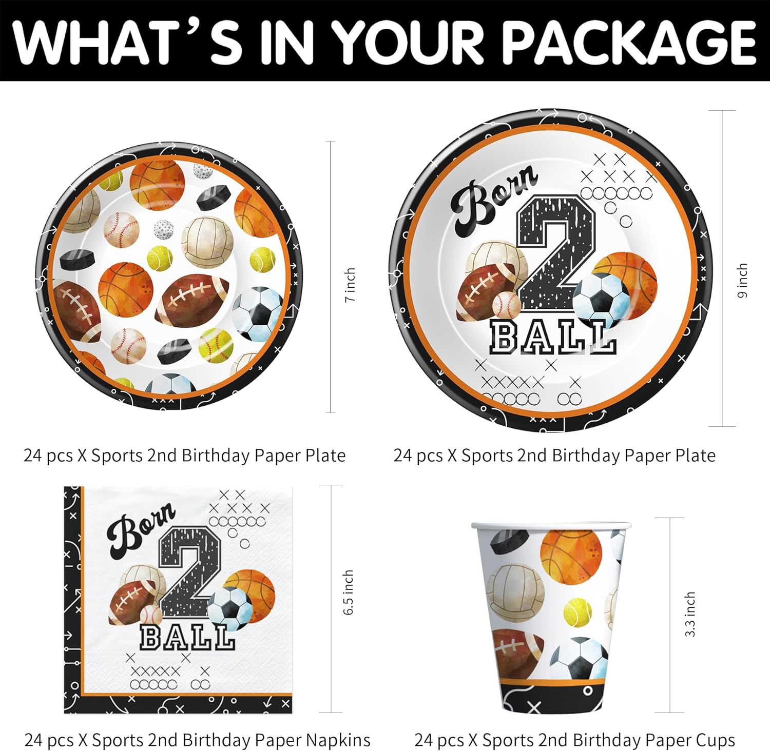 Sports 2nd Birthday Party Decorations, Sports Born Two Ball Birthday Party Supplies Tableware, Paper Plates and Napkins Set, Cup, Banner, Garland, Tablecloth, Cutlery, 24 Guests