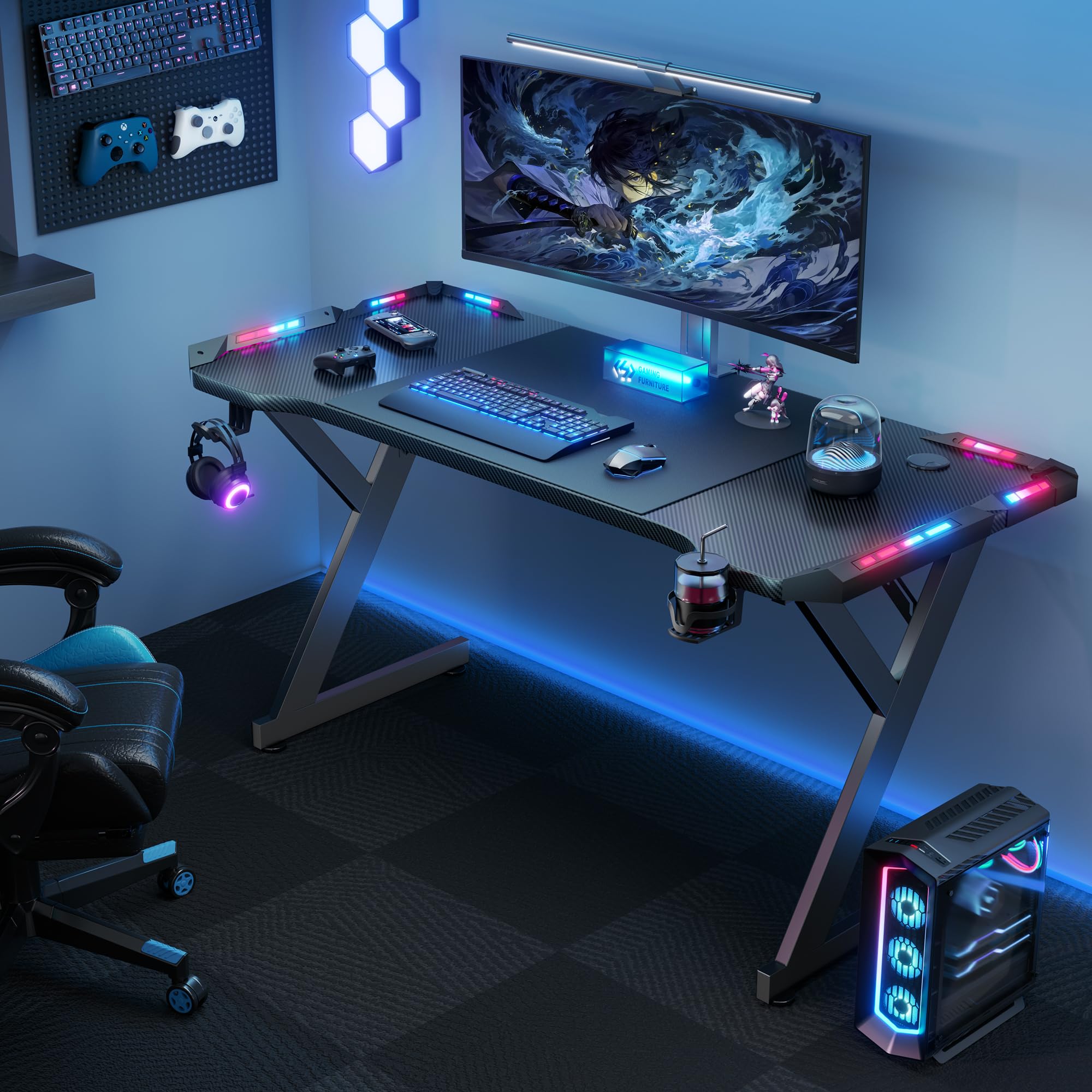 HLONONE 100 x 60 cm Scrivania Gaming LED, Tavolo Gaming Ergonomica, Postazione Gamer con Superficie in Fibra di Carbonio, Scrivania per Computer con Porta Tazza e Gancio per Cuffie, Nero