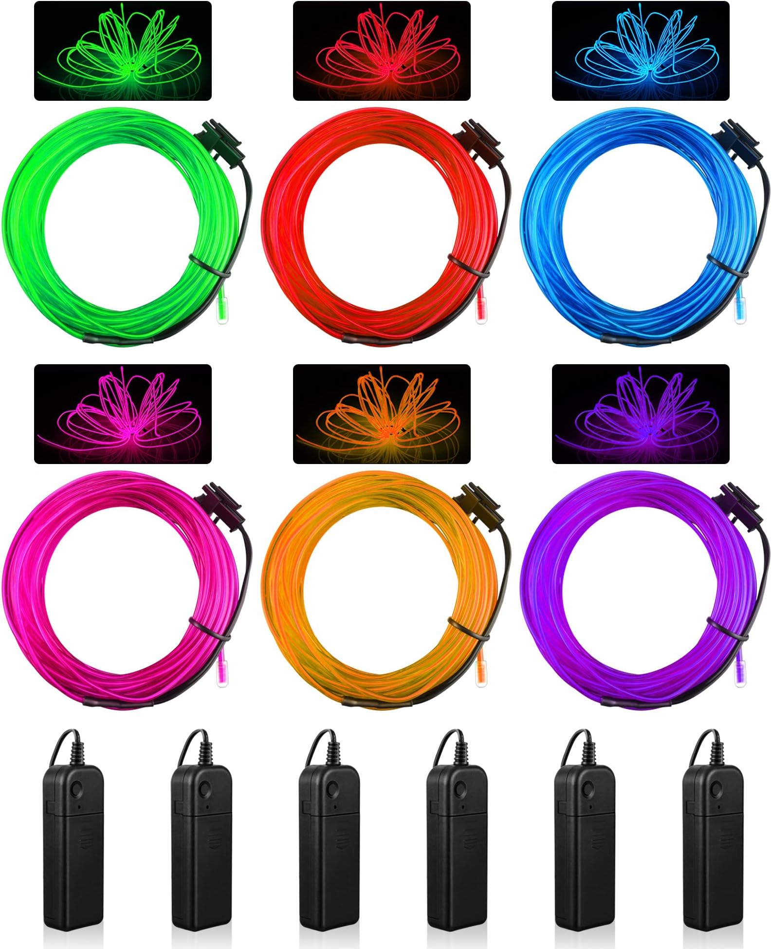 Konohan 6 Pcs Portable Wearable LED Lights Neon El Wire, Battery Operated, Glow Wire for DIY Costume, Halloween, Christmas Decorations(Red, Pink, Blue, Green, Purple, Yellow,9.84 Feet)