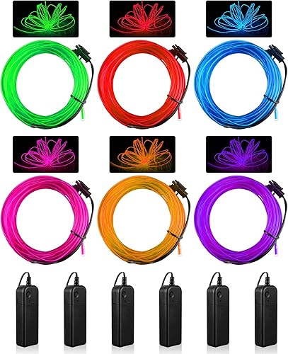 Konohan 6 luces LED portátiles de neón, funciona con pilas, alambre brillante para disfraces de bricolaje, Halloween, decoraciones de Navidad (rojo,