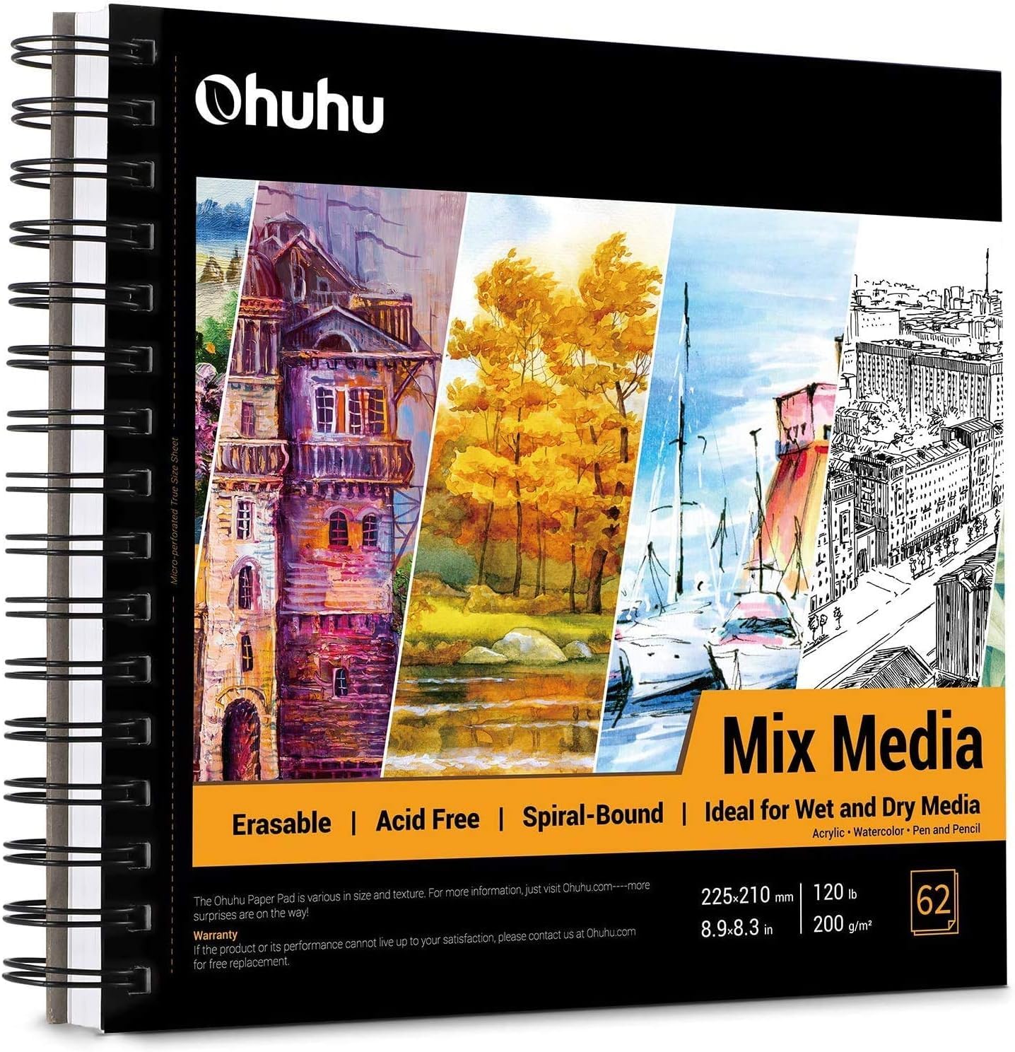 Ohuhu Mixed Media Sketchbook 200gsm - 124 Pages (62 Sheets) Acid-Free Paper, 8.3×8.3" (21×21cm) Square, Spiral Bound Hardback for Watercolour, Acrylic & Pastels, Wet & Dry MediaThe Forest Stewardship Council