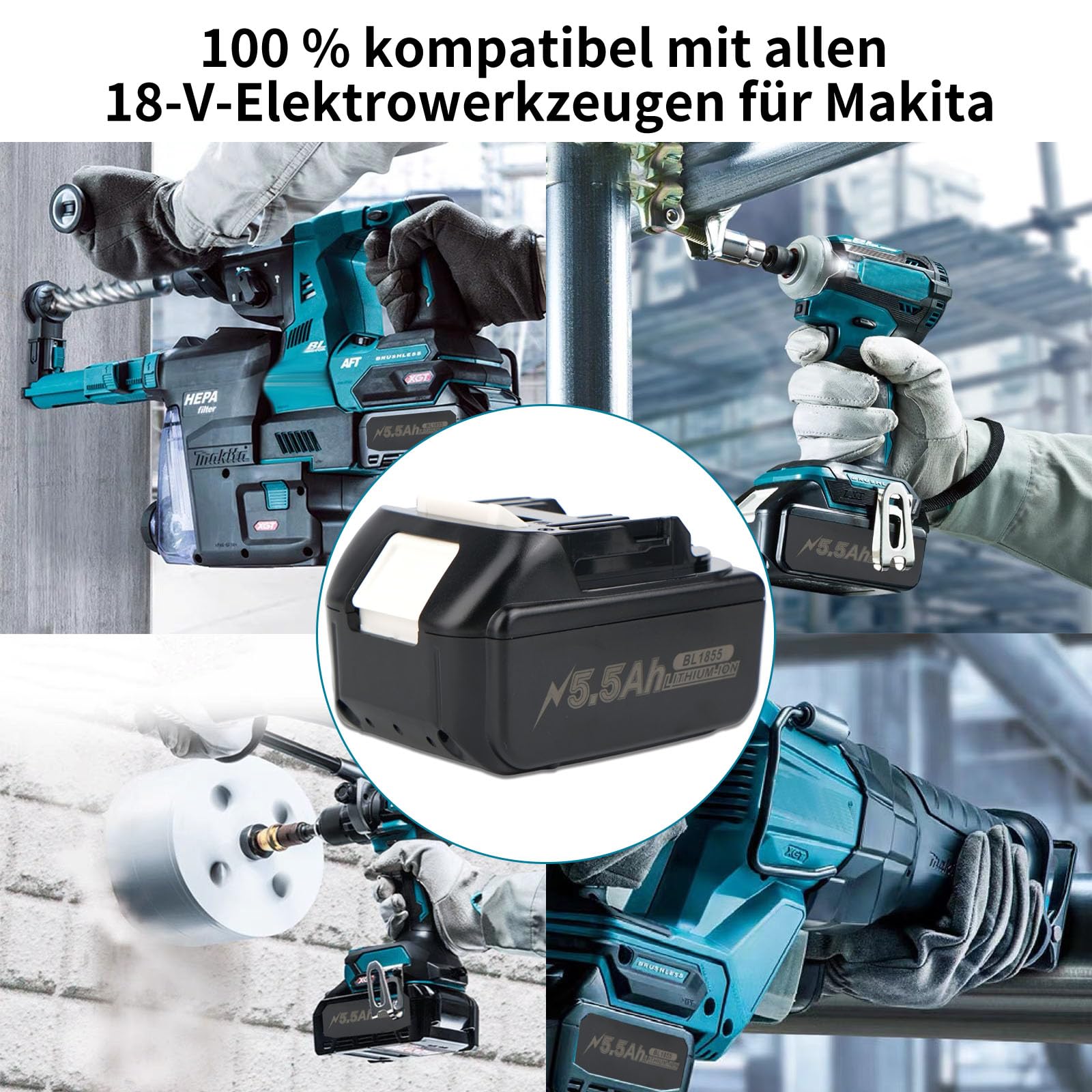 Batteria makita 18v，5500 mAh, 18 V, con caricatore DC18RC, compatibile con BL1860 BL1860B BL1855 BL1855B BL1850 BL1850B BL1860B DC18RC