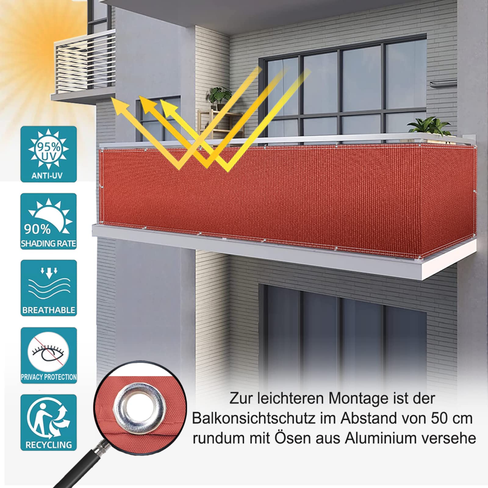 Telo Frangivista 125x850cm Protezione dal Vento, Protezione Solare, Frangivista Balcone Recinzione Telo di Rivestimento E Protezione per Balcone Colore Ruggine
