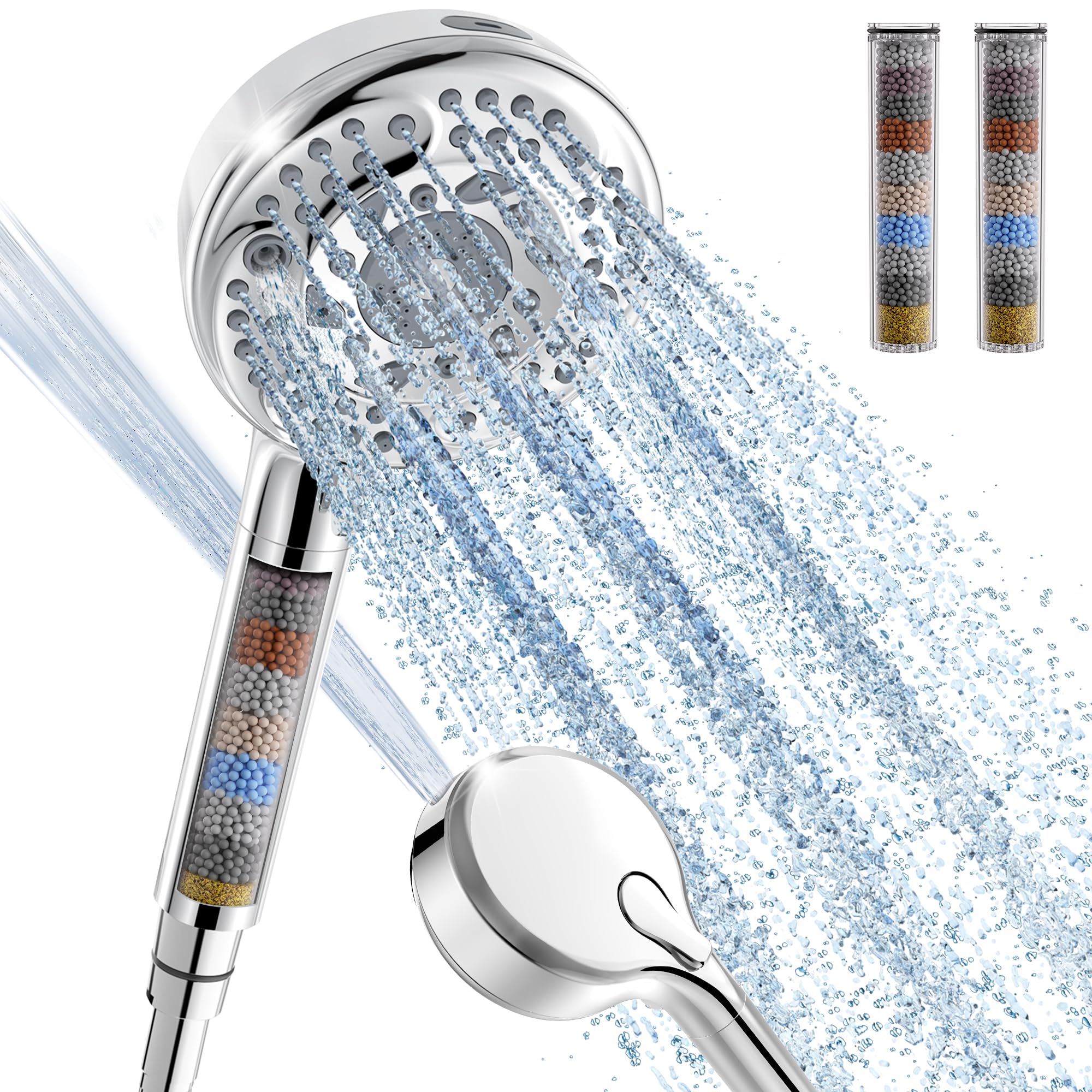 Filtered Shower Head Hose High Pressure 9 Spray Hard Water Chrome 2 Filters New