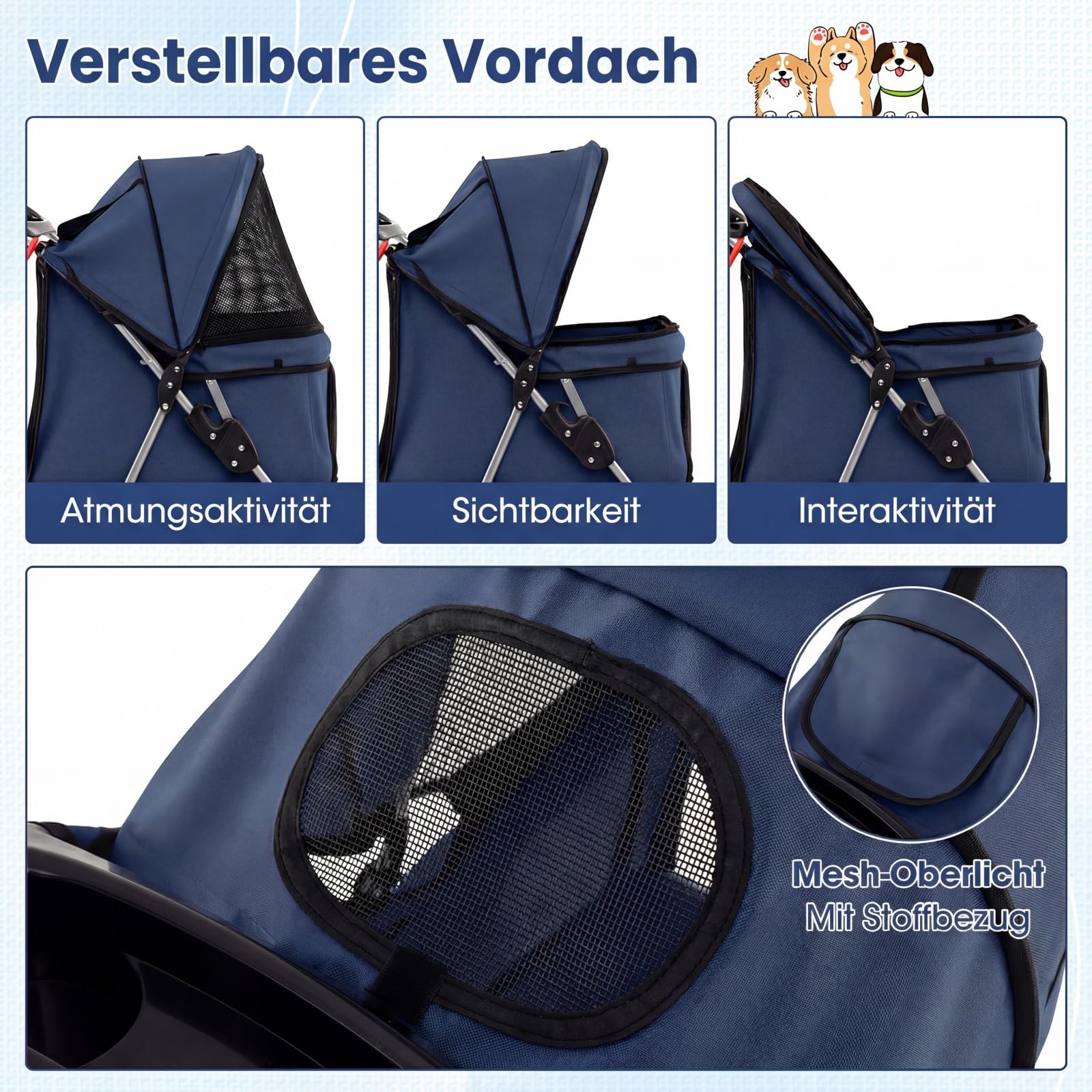 COSTWAY Hundewagen klappbar, Hundebuggy mit verstellbarem Vordach, Netzfenstern, Korb & Getränkehalter, Katzenwagen Haustierwagen, Haustierbuggy für Katzen Hunde bis 15 kg (Blau)