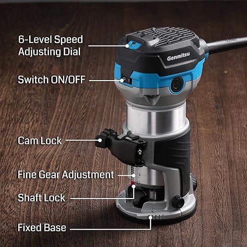 Miniatura 2 de Genmitsu Enrutador recortador de palma de 1.25 HP de 2.559 in de diámetro, herramienta compacta de madera con base fija, 6 velocidades variables