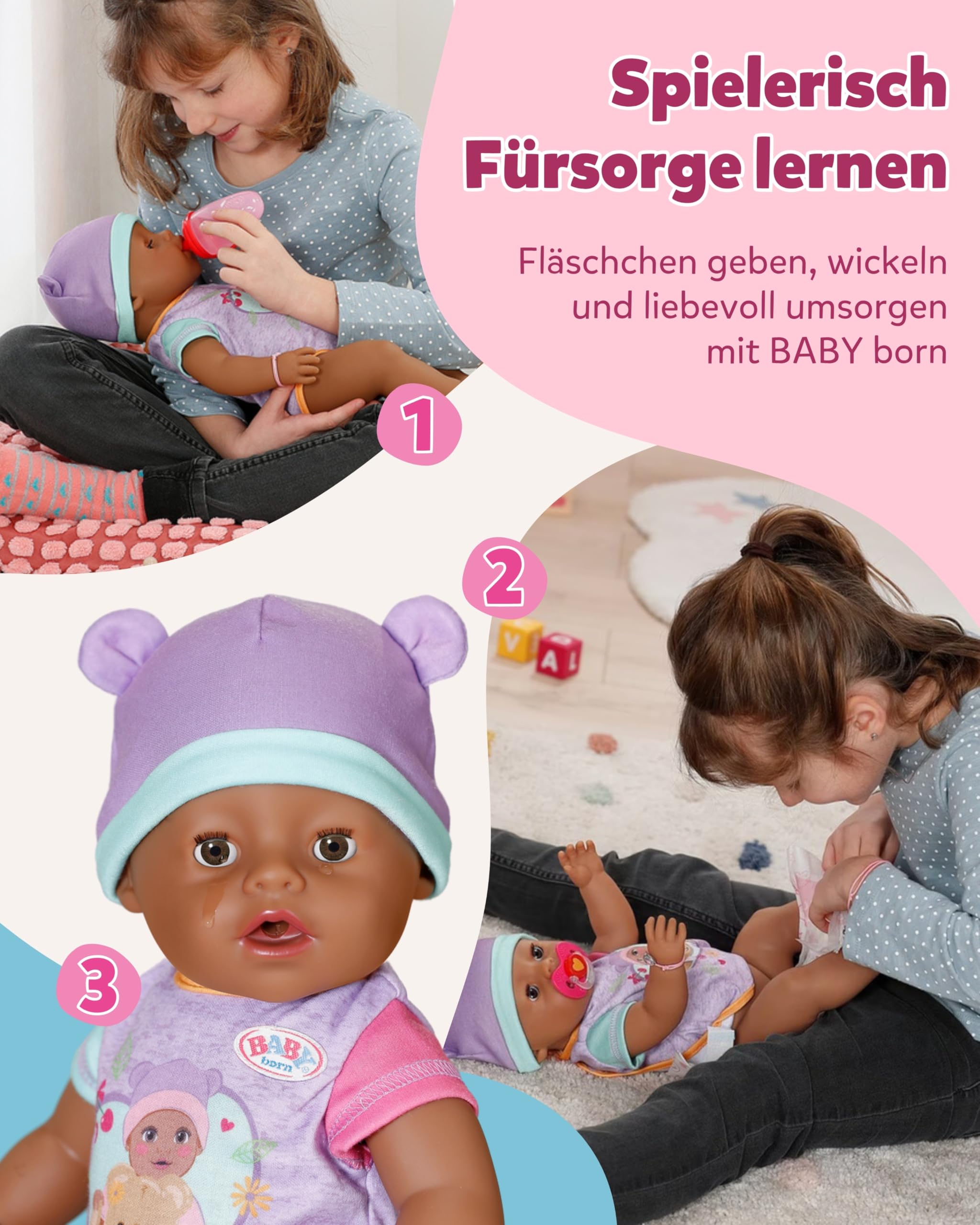 BABY Born Eva - 43 cm große Babypuppe - 10 Funktionen inkl. Accessoires & Strampler - Funktioniert komplett ohne Batterien - Geeignet für Kinder ab 3 Jahren