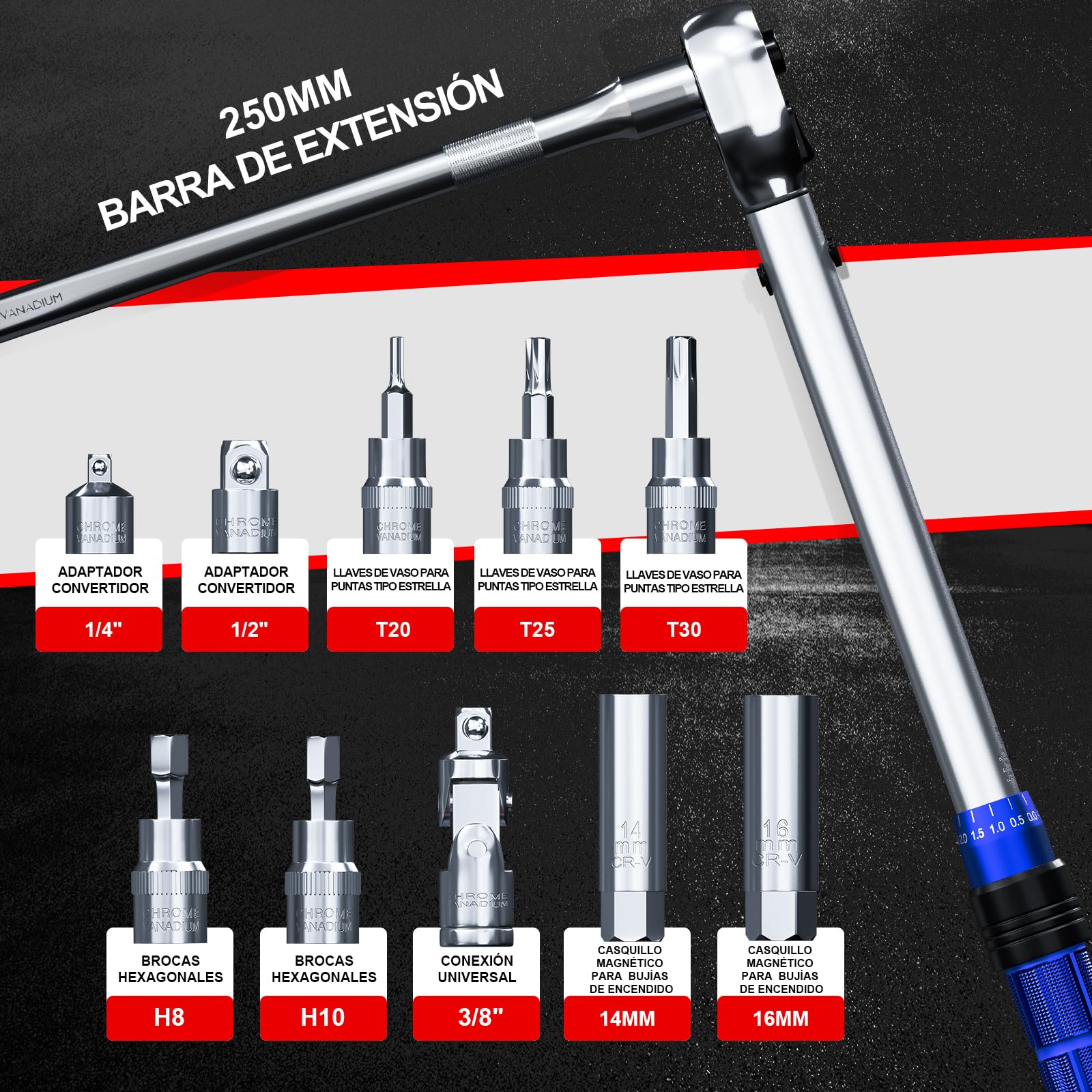 MOCINE Llave Dinamométrica 3/8", 5-60 Nm Llave de Torqu, Bicicleta, Moto,Bujías Set, 13 piezas, Con barra de extensión de 250 mm, adaptador de 3/8" a 1/2" y 1/4", Magnética de Bujía
