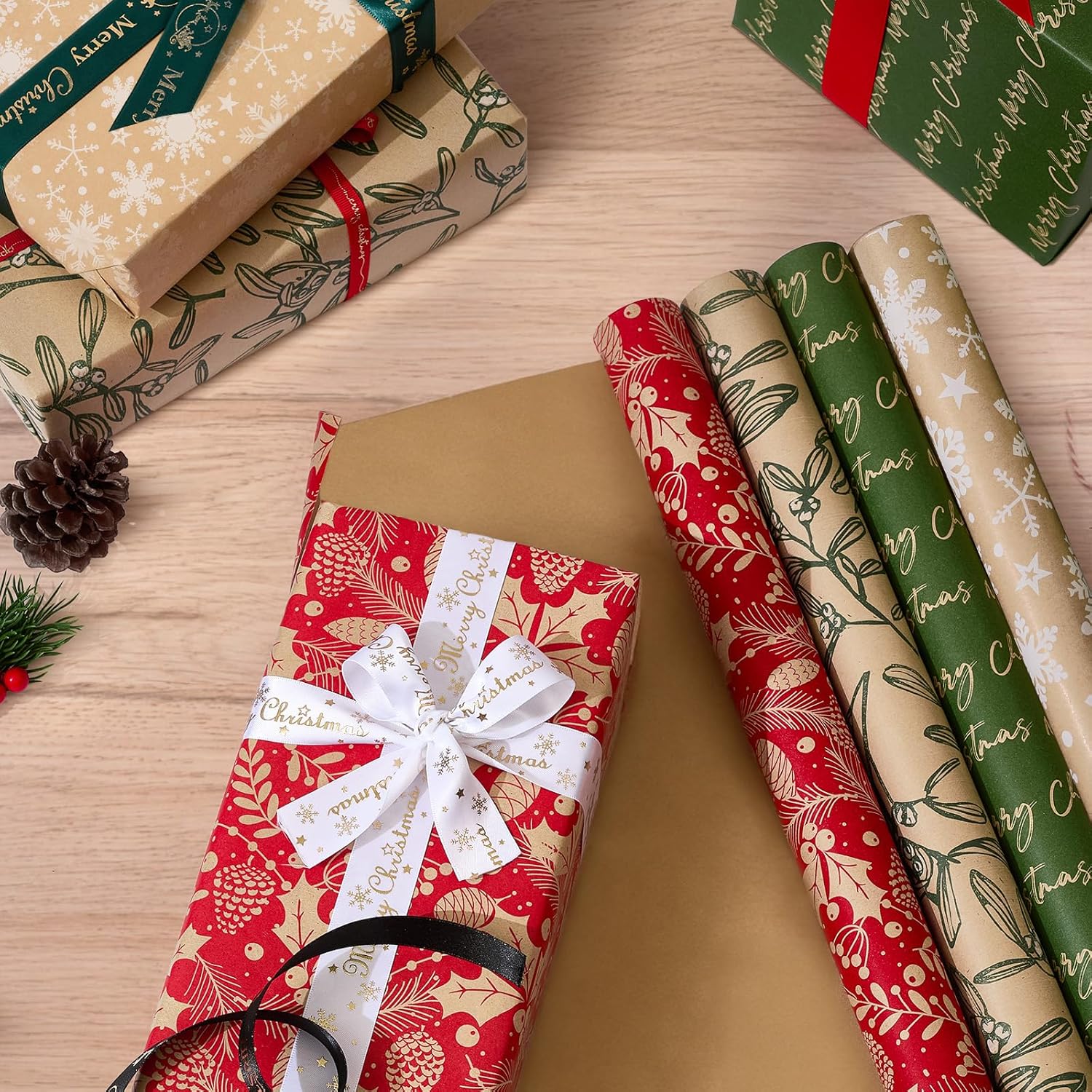 YANGTE Vintage Recyclable Christmas Wrapping Paper Rolls, Brown Kraft Wrapping Paper with Red and Green Pattern, Holiday Gift Wrapping Paper Christmas Rolls, 17x120 inch, 4 Rolls YANGTE Vintage Recyclable Christmas Wrapping Paper Rolls, Brown Kraft Wrapping Paper with Red and Green Pattern, Holiday Gift Wrapping Paper Christmas Rolls, 17x120 inch, 4 Rolls