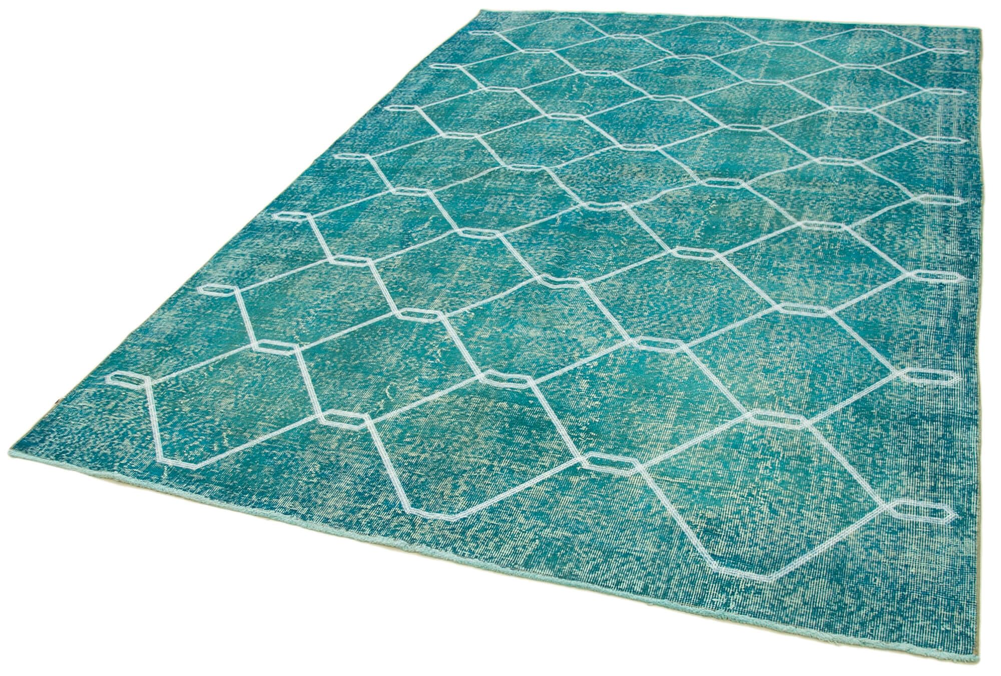 67 x 99 - 200 x 298 Cm Geometric Carpet Turquoise Geometric Bohemian Wool Cotton Handmade Handknotted Vintage
