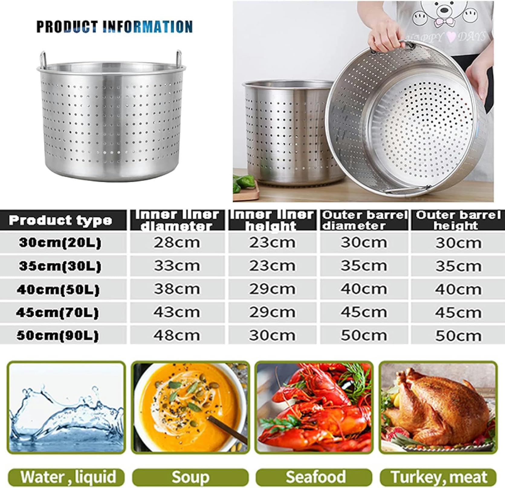 Robuster Suppentopf aus Edelstahl, 27 QT/63 QT – Kommerzielle Fritteuse für Truthahn und großer Kochtopf für Langusten und Meeresfrüchte mit Sieb für den Einsatz zu Hause und im Freien – LAN