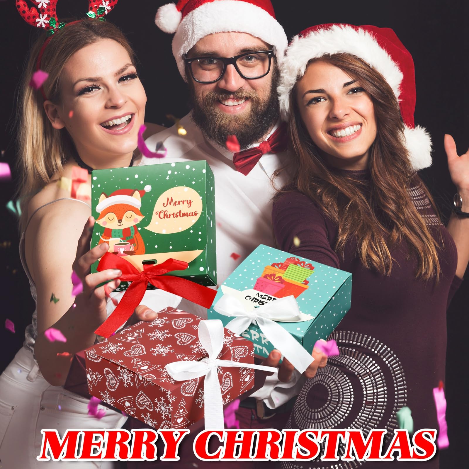 Cholemy 60 Stück Weihnachts-Geschenkboxen mit Deckel, 11,4 x 11,4 x 4,95 cm, Keksboxen mit Schleife, leere Brautjungfernboxen für Weihnachten, Antrag, Urlaub, Geschenkkarte, Schokolade, Basteln,