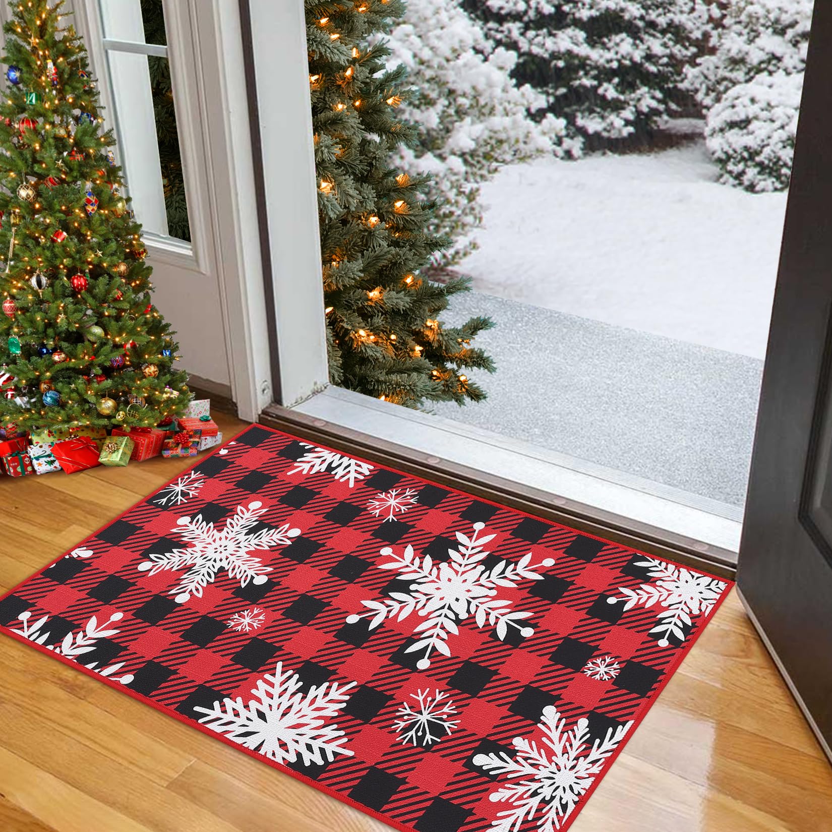 CAROMIO Christmas Doormat Holiday Xmas Buffalo Plaid Door Mat Winter Christmas Snowflakes Checkered Welcome Mat Outdoor Indoor Non Slip Decorative Entrance Floor Mat for Front Porch, 20 x 32 Inch