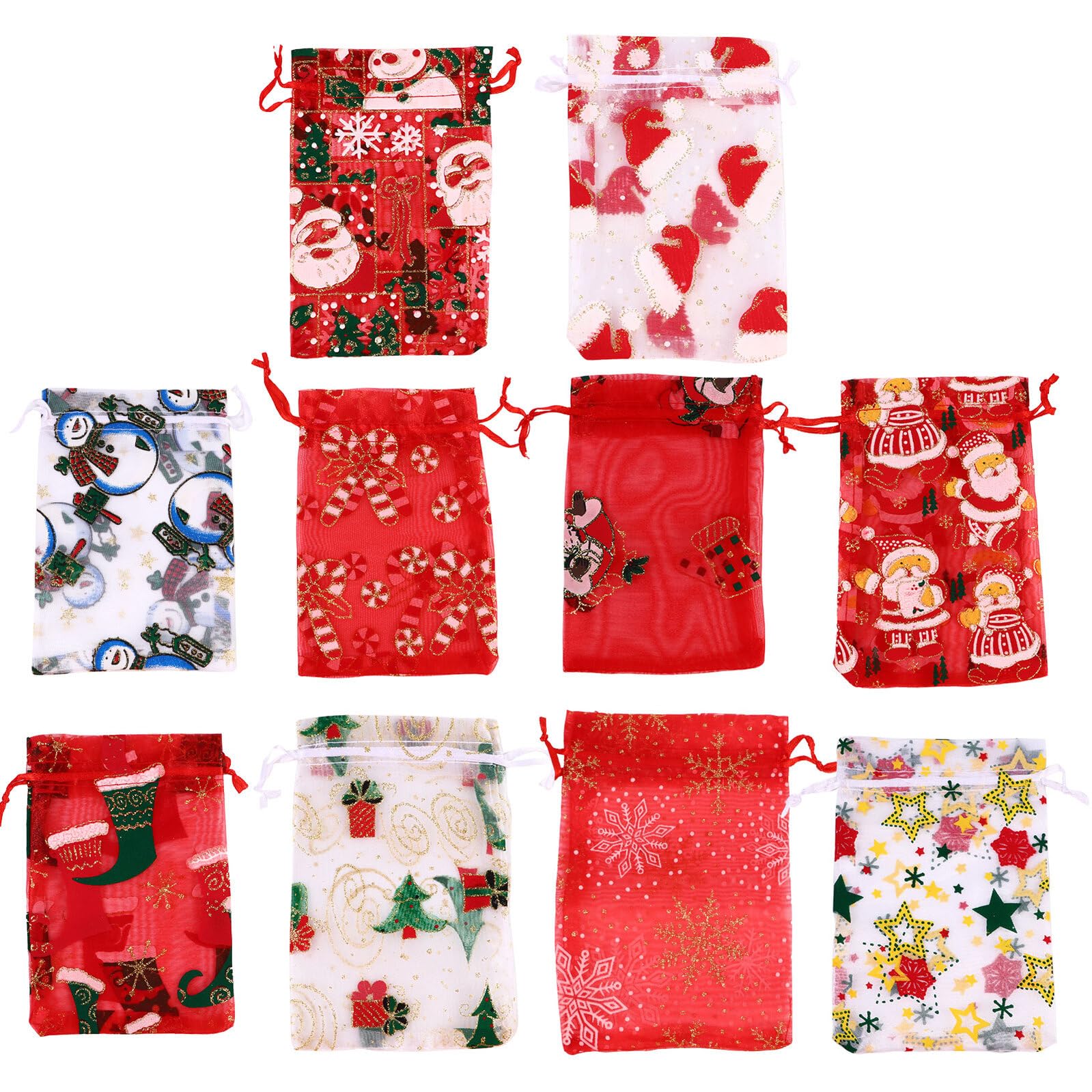 SHOWERORO Bolsas de Organza para Regalos Navideños 50 Unidades 10X15 CM con Cordón Cierre Mezcla 3 Diseños de Copos de Nieve Estrellas Papá Noel y Renos Bolsa para Dulces y Decoración