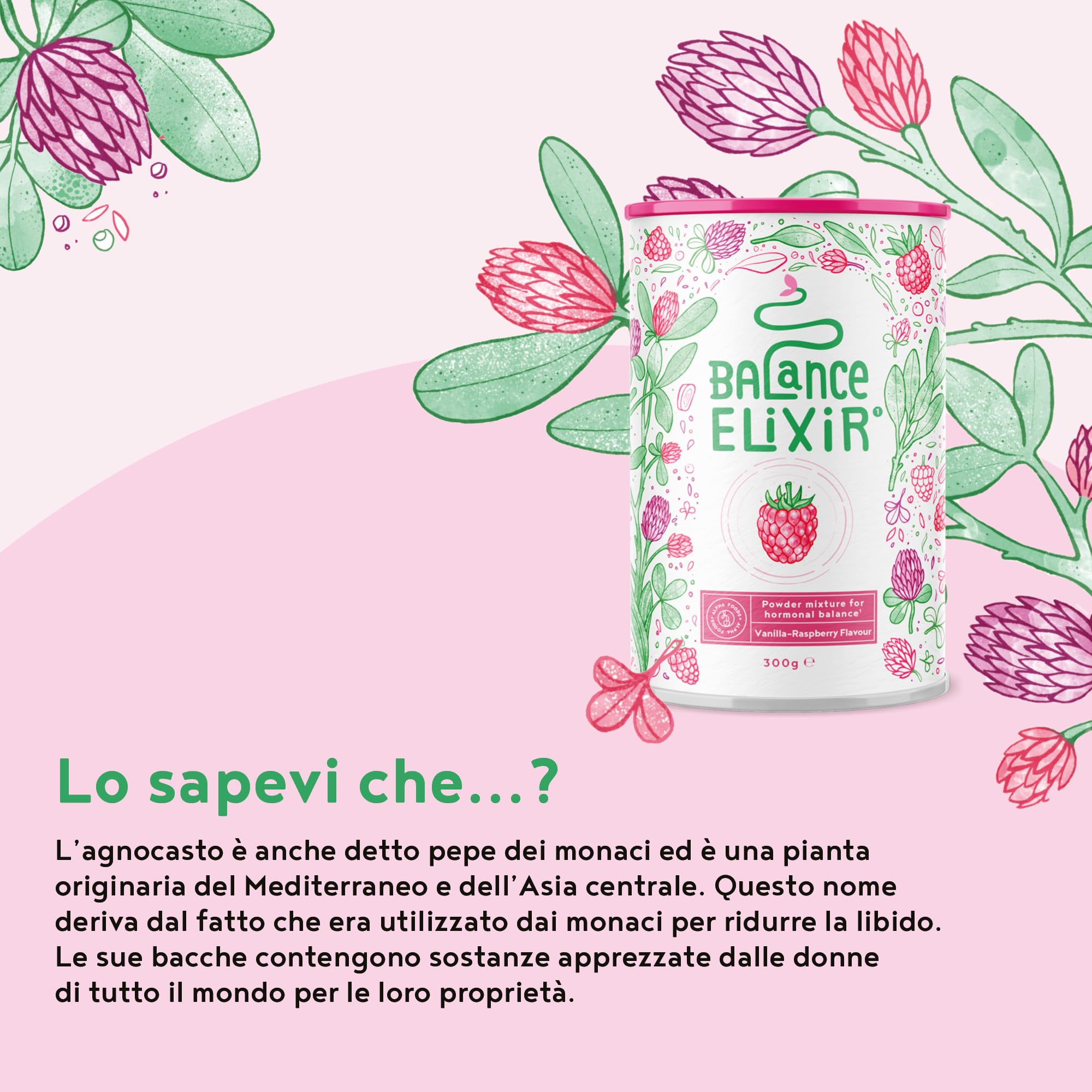 Integratore Menopausa in Polvere | 300 g | L'Equilibrio Ormonale con Isoflavoni di Trifoglio Rosso, Salvia, Vitamina B6, D e Calcio | Menopausa Integratori | Vaniglia-Raspberry | Alpha Foods