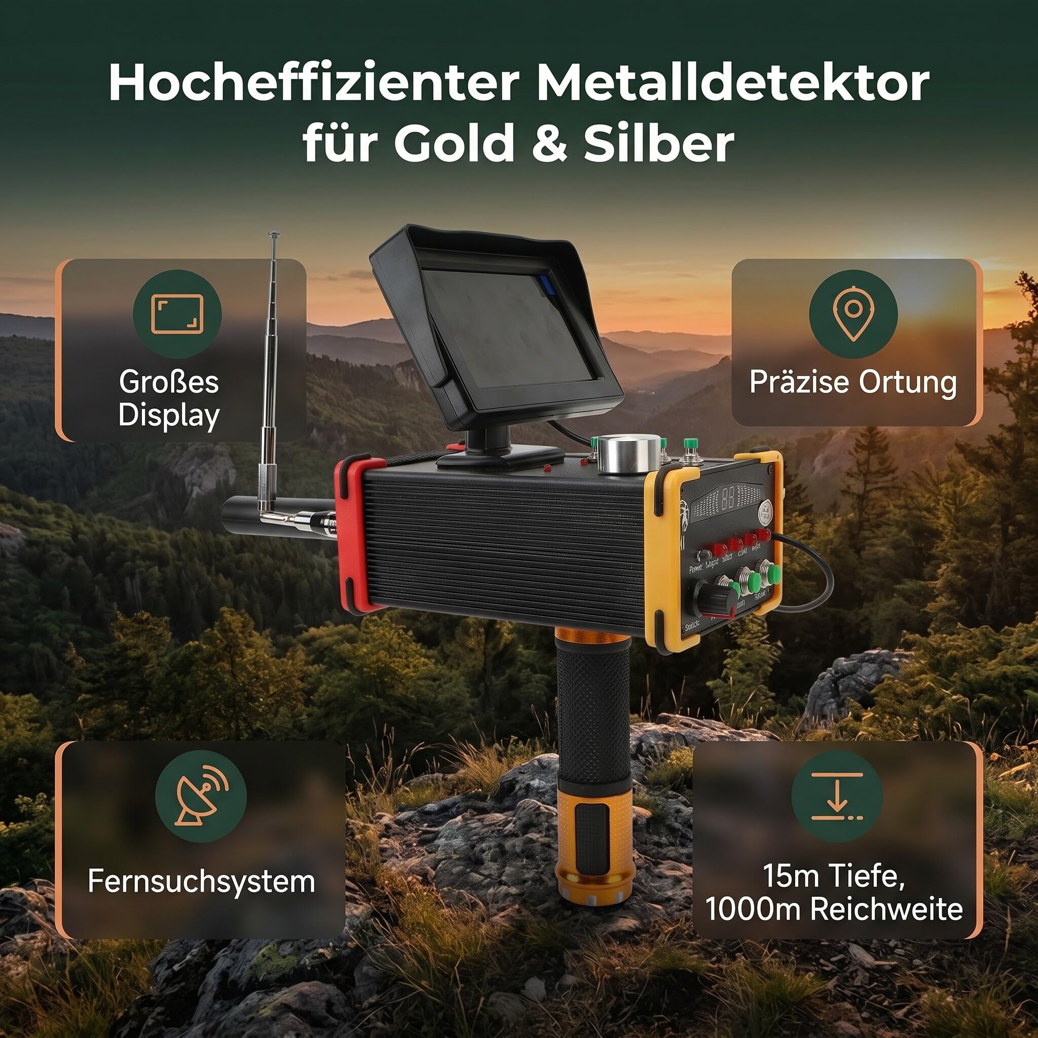 Metalldetektor Hochempfindlich, 1000 Meter Reichweite, 15 M Tiefe, Präzise Erkennung, Bildschirm mit Echtzeitdaten, 100-240 V