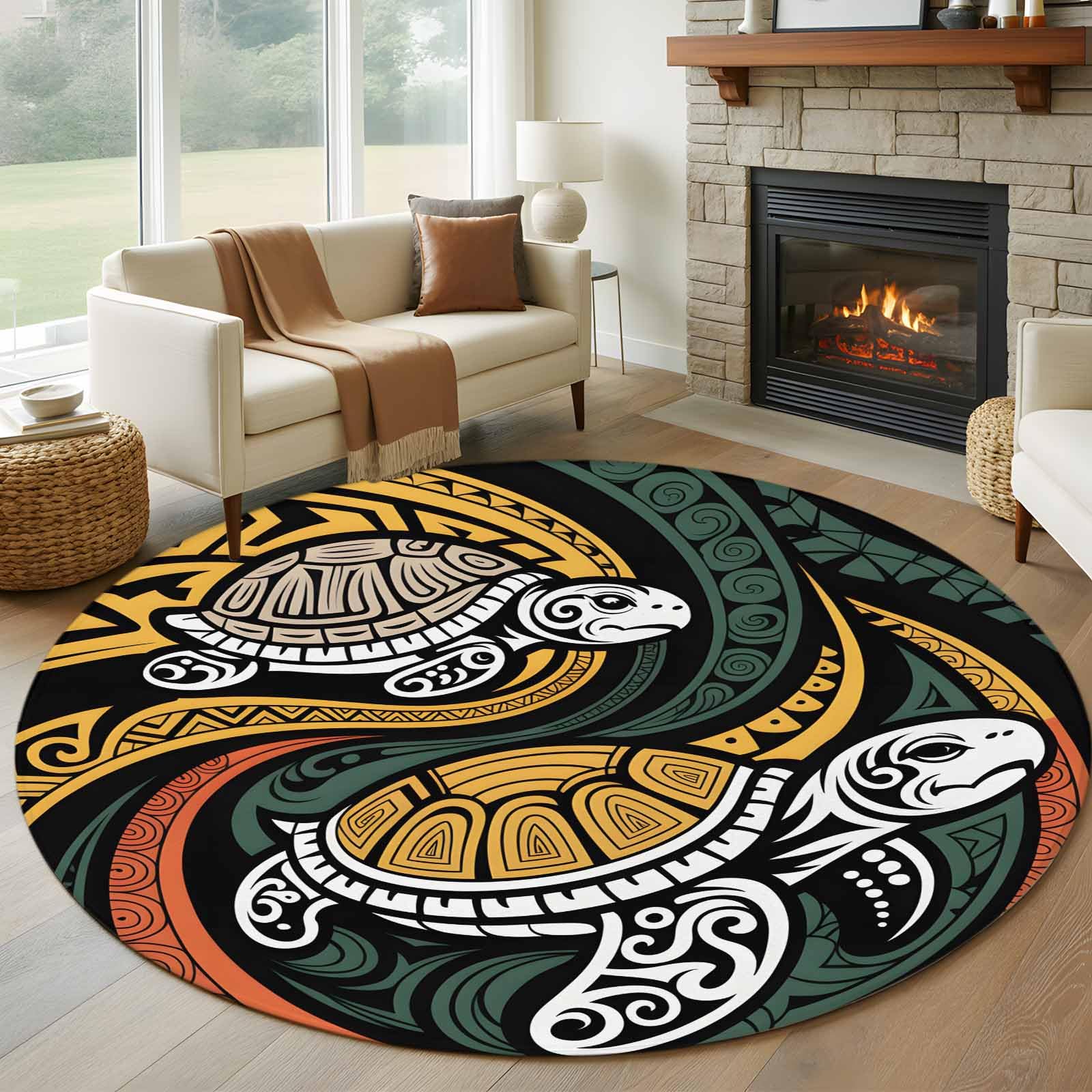 Round Rugs 5ft, Polynesia Texture Non Slip Washable Rug Runner, Traditional Tribe Coastal Turtle Abstract Low Pile Indoor Floor Carpet Mat Bathroom Rugs for Living Room, Bedroom, Kids Room