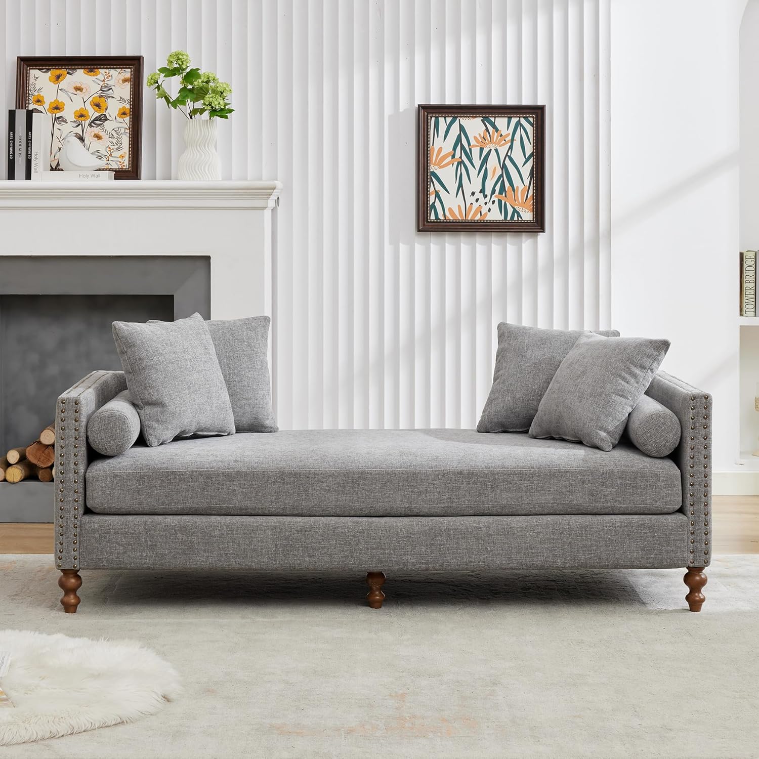 Upholstered Chaise Lounge with Nailheads, Sleeper Sofa Couch, 4 Throw Pillows & 2 Bolsters, Daybed with Rubber Wood Legs for Apartment, Guestroom, Gray Chenille, 75.2W x 32.28D x 31.89H in