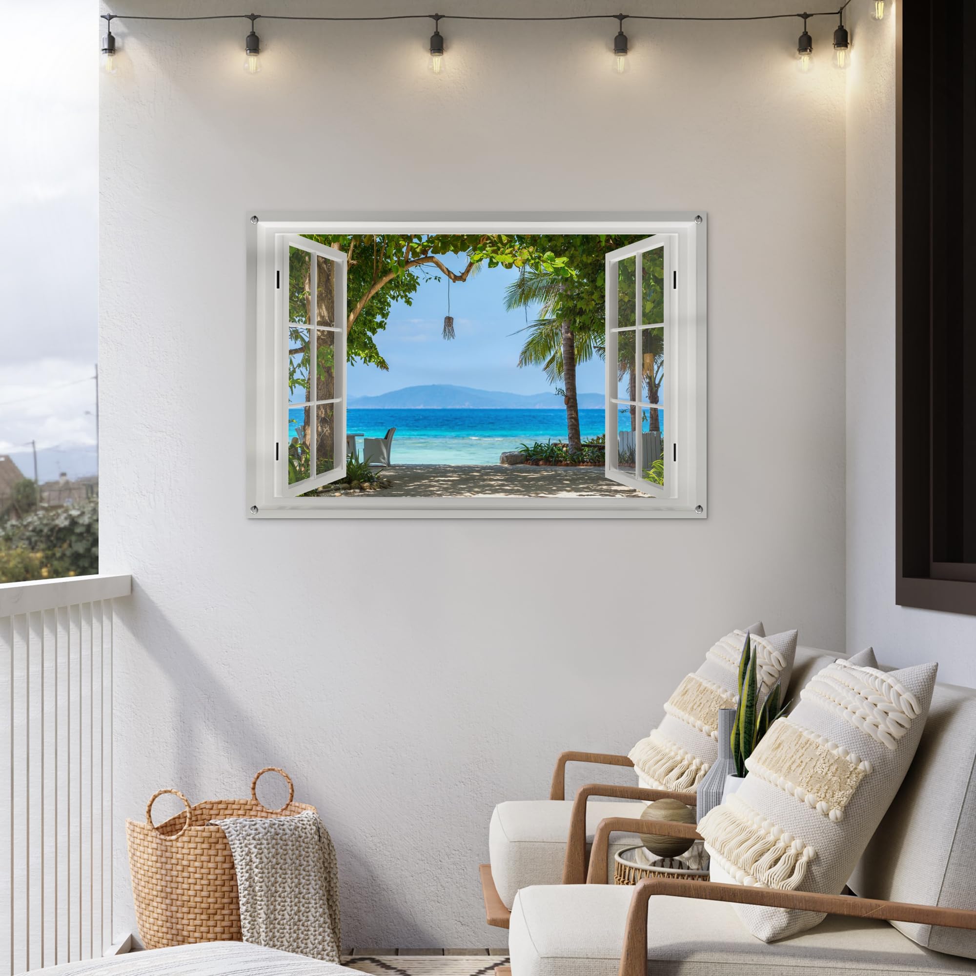 MuchoWow© Póster De Jardín 120x80 cm Terraza Exterior Accesorios Jardin Decoracion Pared Decorativa Balcon Wall Decoration Posters Decorativos Vista - Árbol - Mar - Palmera - Colinas - Playa