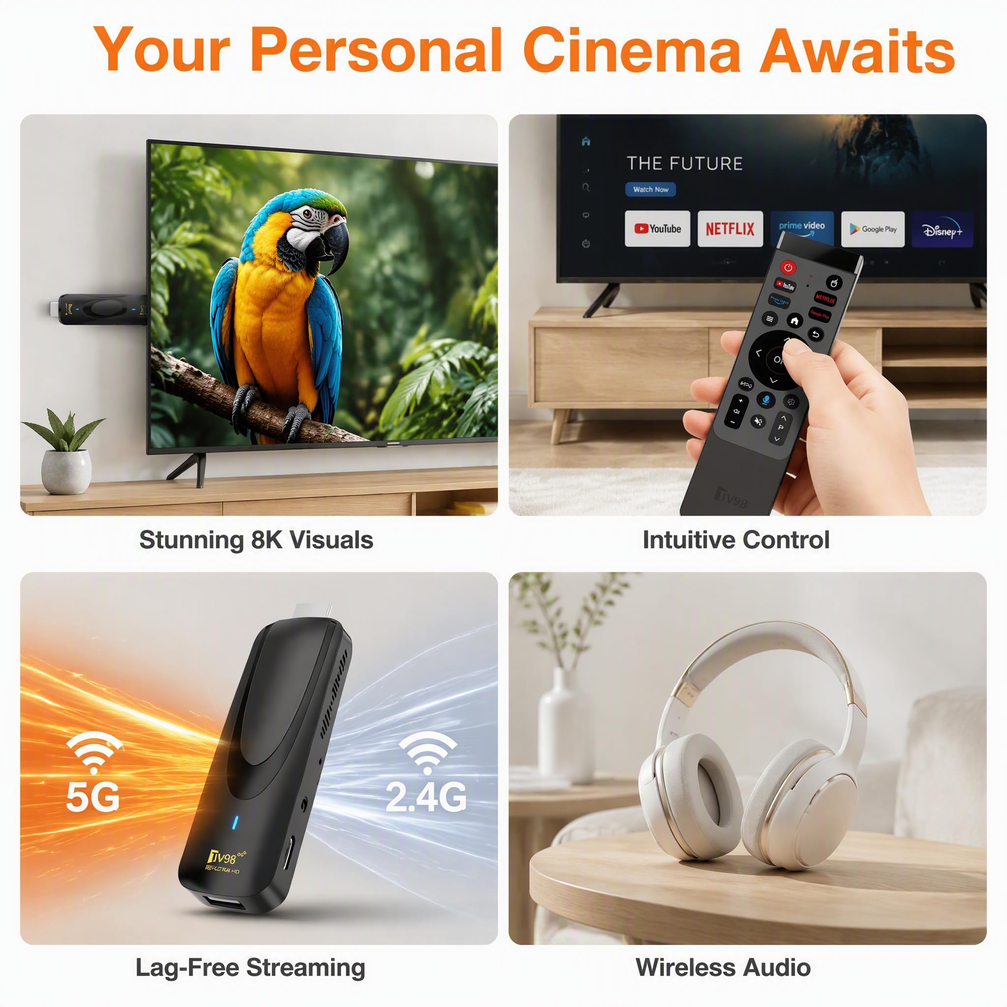 Android 14 OS Bluetooth TV Stick, 8K Streaming, 2GB RAM Voice Remote