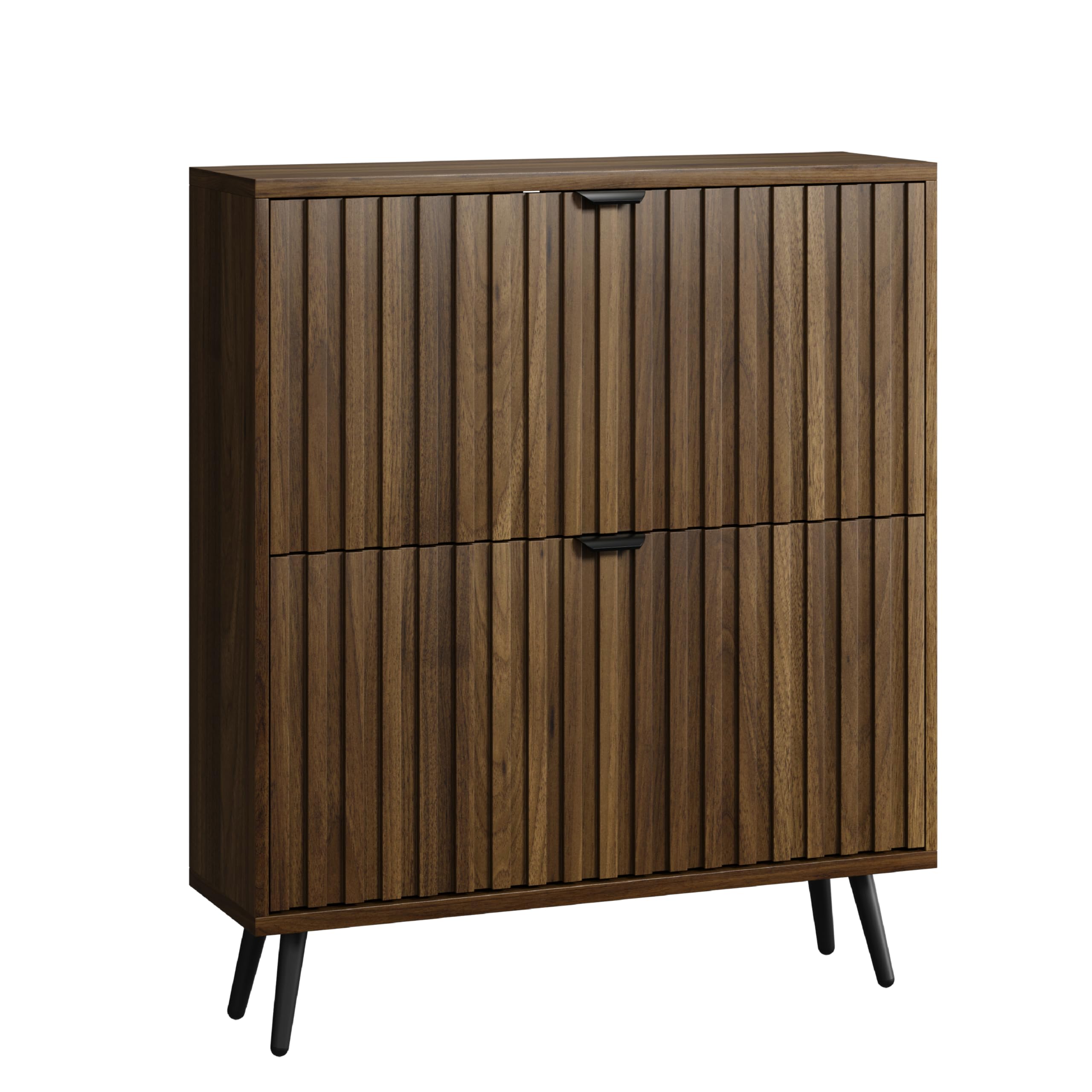 Smuxee Schuhschrank mit 2 Klappschubladen, 80 cm, Walnussholz, versteckter Schuhschrank mit geriffeltem Design, freistehender Schuh-Organizer für Eingangsbereich, Flur, Schrank, Wohnzimmer
