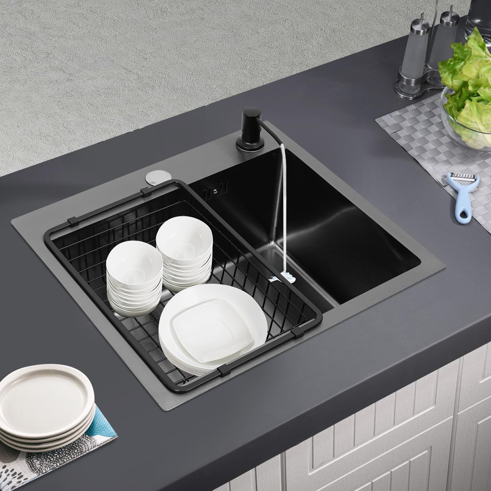 Fregadero empotrable de acero inoxidable, 40 x 45 cm, color negro | Fregadero de cocina de gran capacidad con escurridor y dispensador de jabón para el hogar, restaurante, lavandería