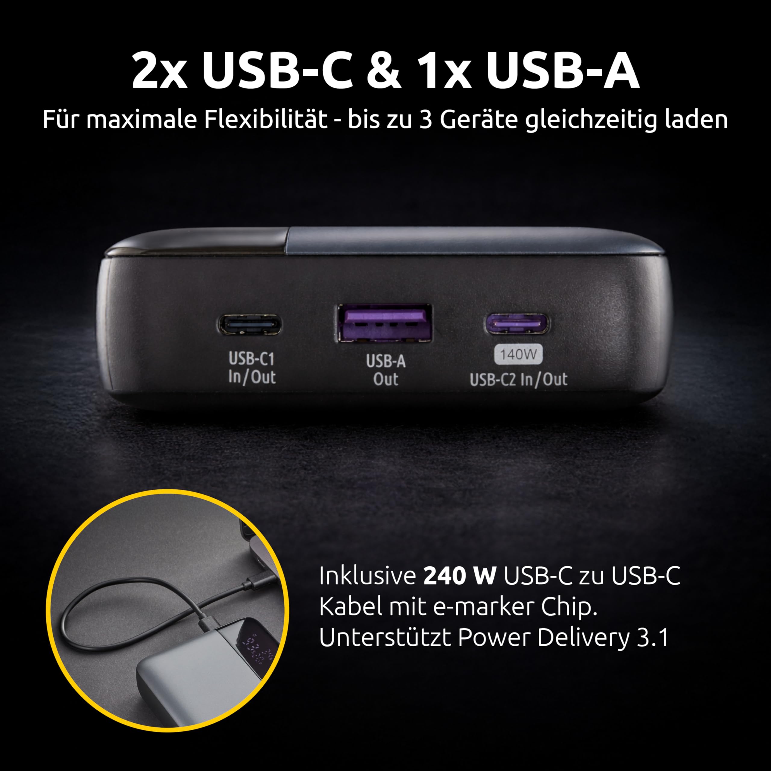 Intenso Powerbank HE25000, zewnętrzny akumulator z Power Delivery (140 W) i kablem USB-C do ładowania USB-C, 25000 mAh, szaro-czarny