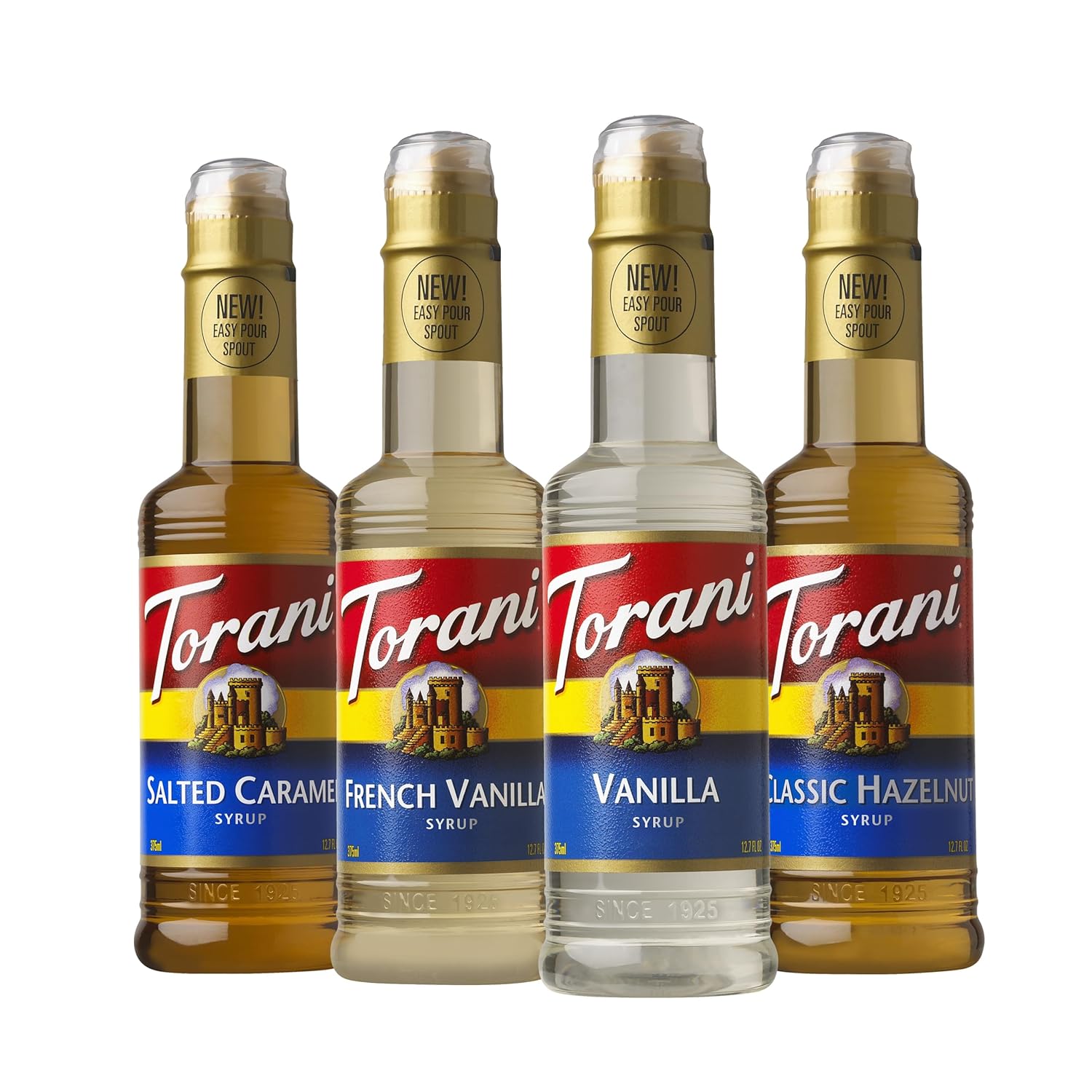 (Best by 26 aug 2026)Torani Syrup, Cafe Variety Pack, 4 12.7 Ounce Bottles (Vanilla, Salted Caramel, Classic Hazelnut, French Vanilla)