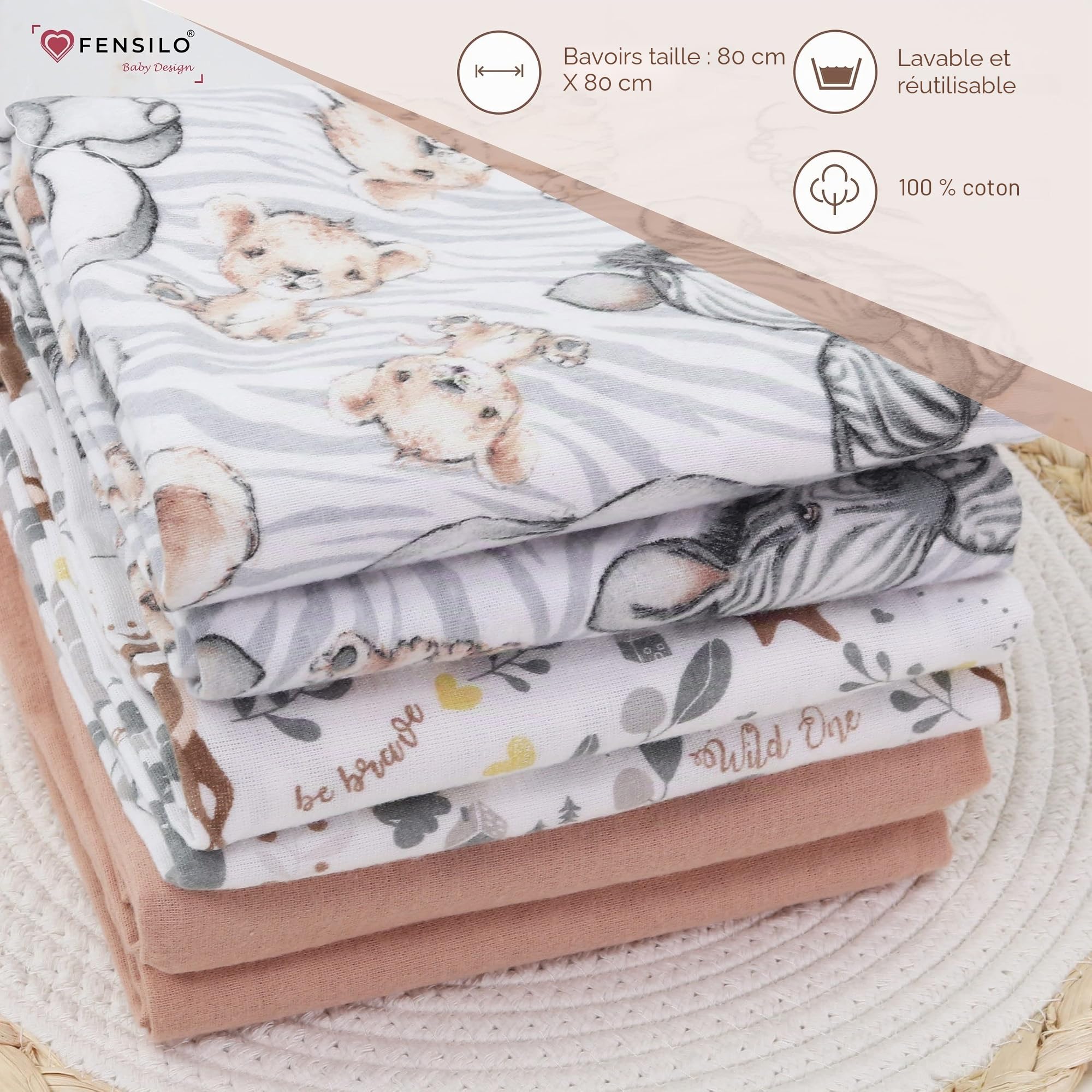FENSILO Torchons en Flanelle Molleton - Paquet de 6 Couches 100% Coton, 80x80 cm, Motif Animal CERF pour Bébé Unisexe