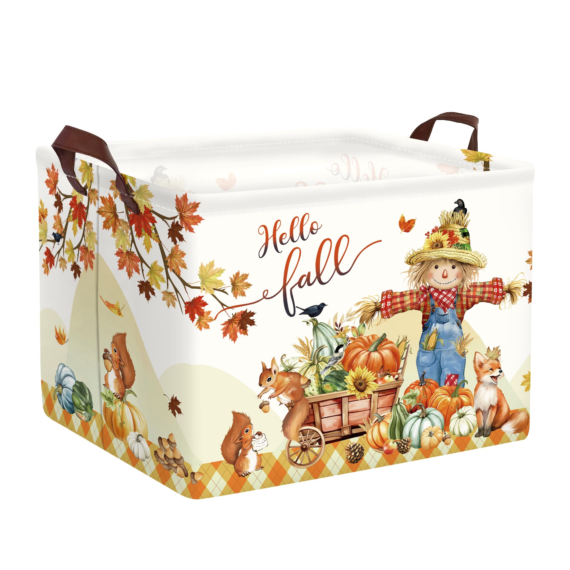 HUUMONSS Happy Thanksgiving Baby Storage Basket Pumpkin Maple Leaf Collapsible Clothes Kids Laundry Hamper Large Boys Girls Gift Toy Box Bin for Nursery Room,Scarecrow,40 * 30 * 30 cm