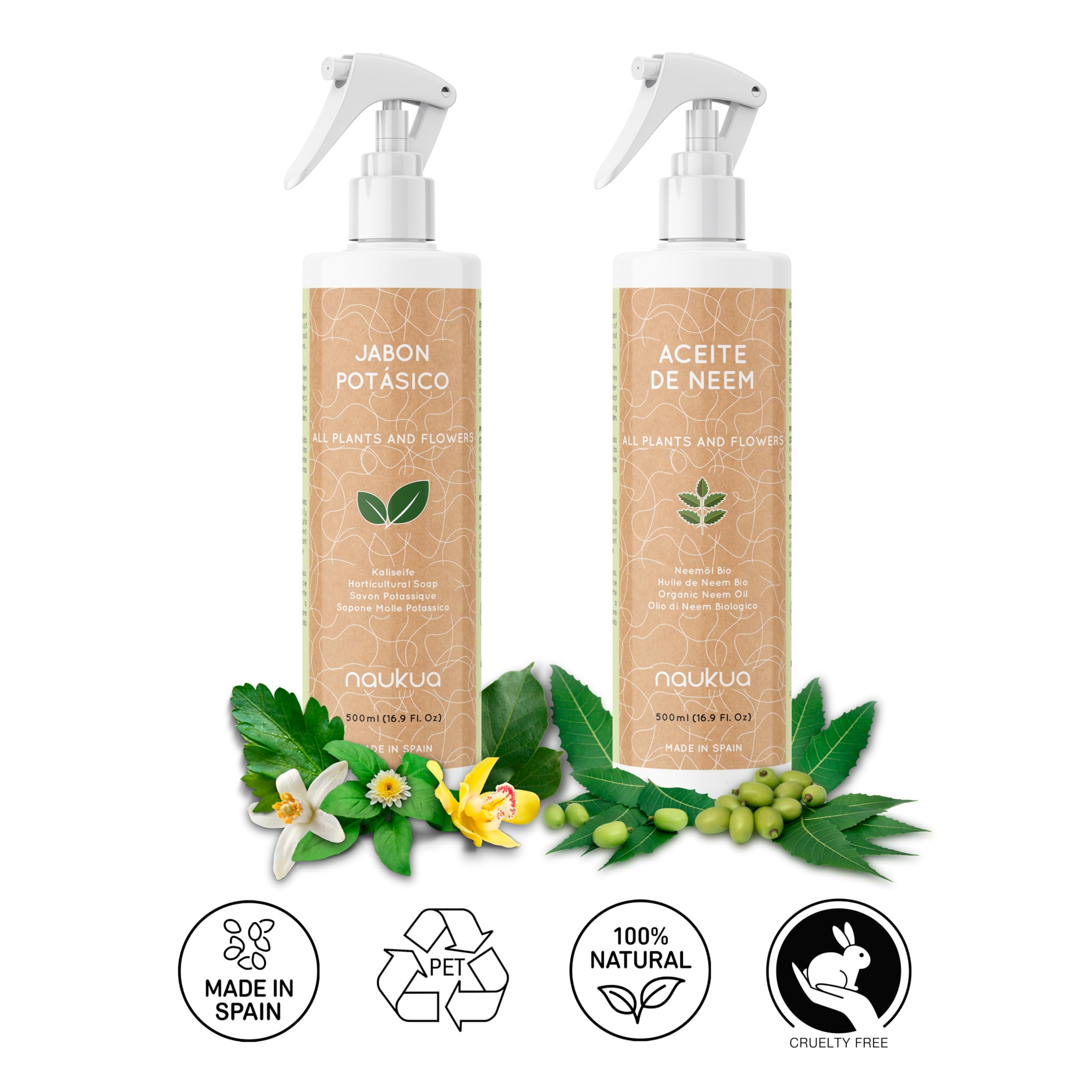 Paquet 2x1 - Savon à l'huile de Neem et au Potassium - 100% Naturel Ecologique - Active Les défenses Naturelles des Plantes d'intérieur et d'extérieur - Spray Prêt à l'emploi, 500 ML chacun