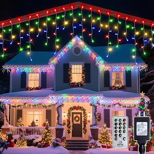 Luces de carámbano de 32 pies para exteriores, 396 luces LED de Navidad multicolor brillantes con 8 modos, temporizador, impermeable, fácil de