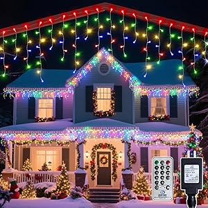 Soagrc 32FT Icicle Lights Outdoor, 396 LED Bright Multicolor Christmas Lights with 8 Modes, Timer, Waterproof, Easy to Install Holiday Decor for Home, Patio, Roof